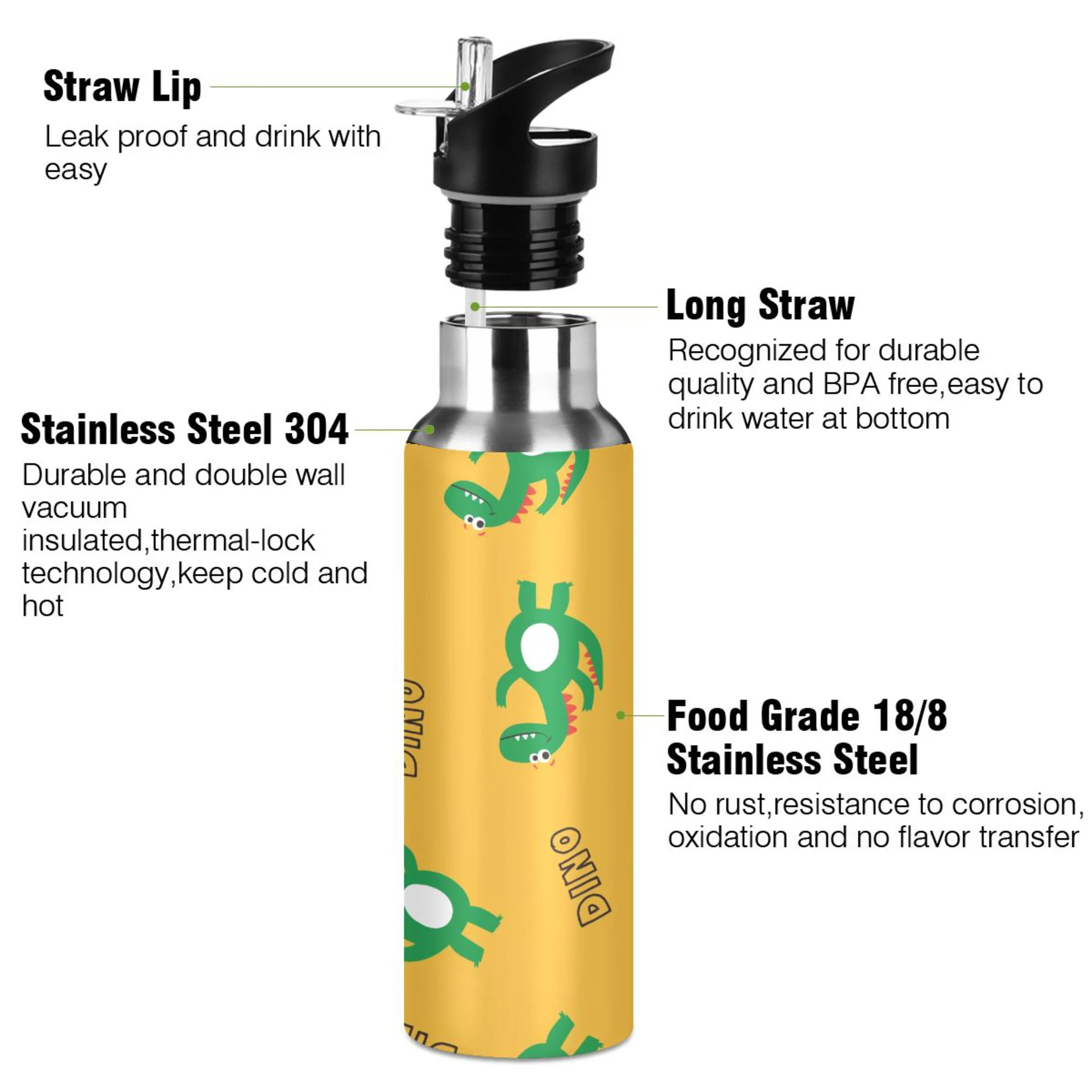 Water Bottle with Straw Lid Leak Dinosaur Yellow Stainless Steel Insulated Thermos Vacuum Flask for Cold Hot Drinking for Sports Camping Gym Yoga