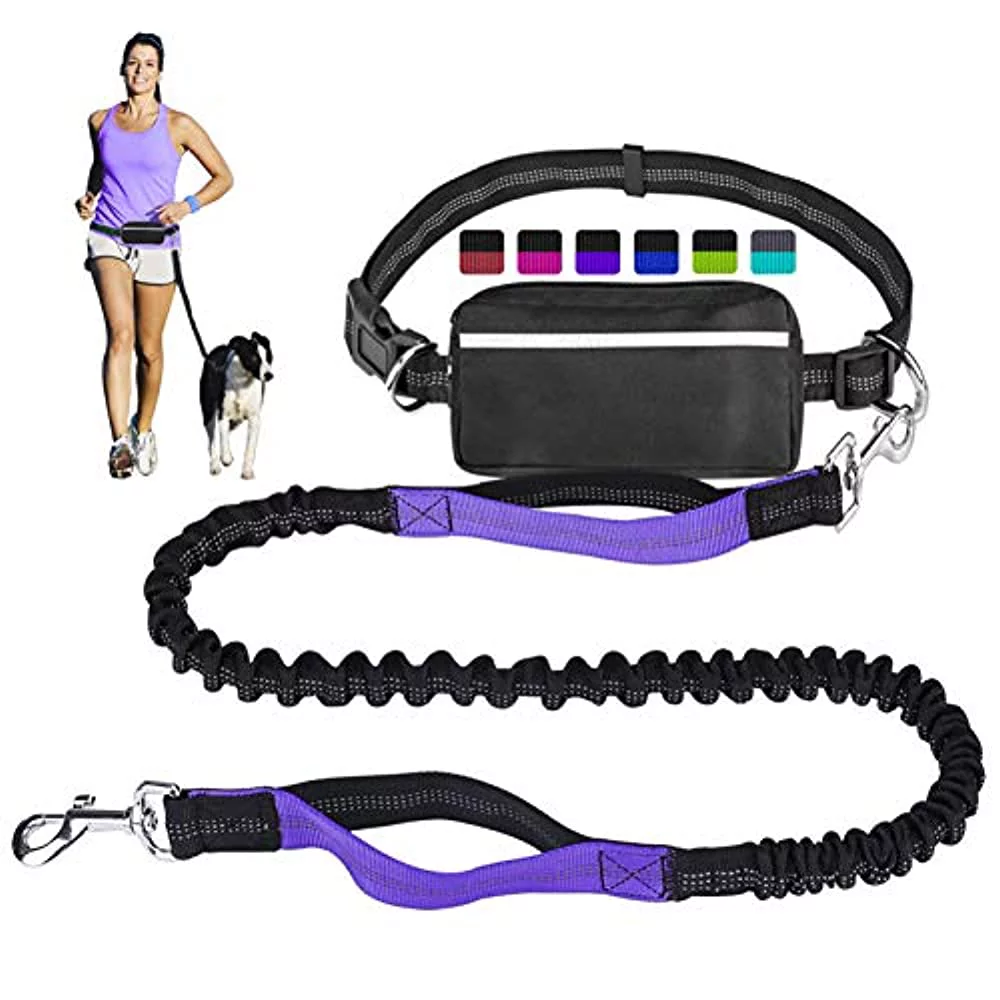 hands free dog leash for running walking training hiking, dual-handle reflective bungee, poop bag dispenser pouch, adjustable waist belt, shock absorbing, ideal for medium to large dogs (black/purple)