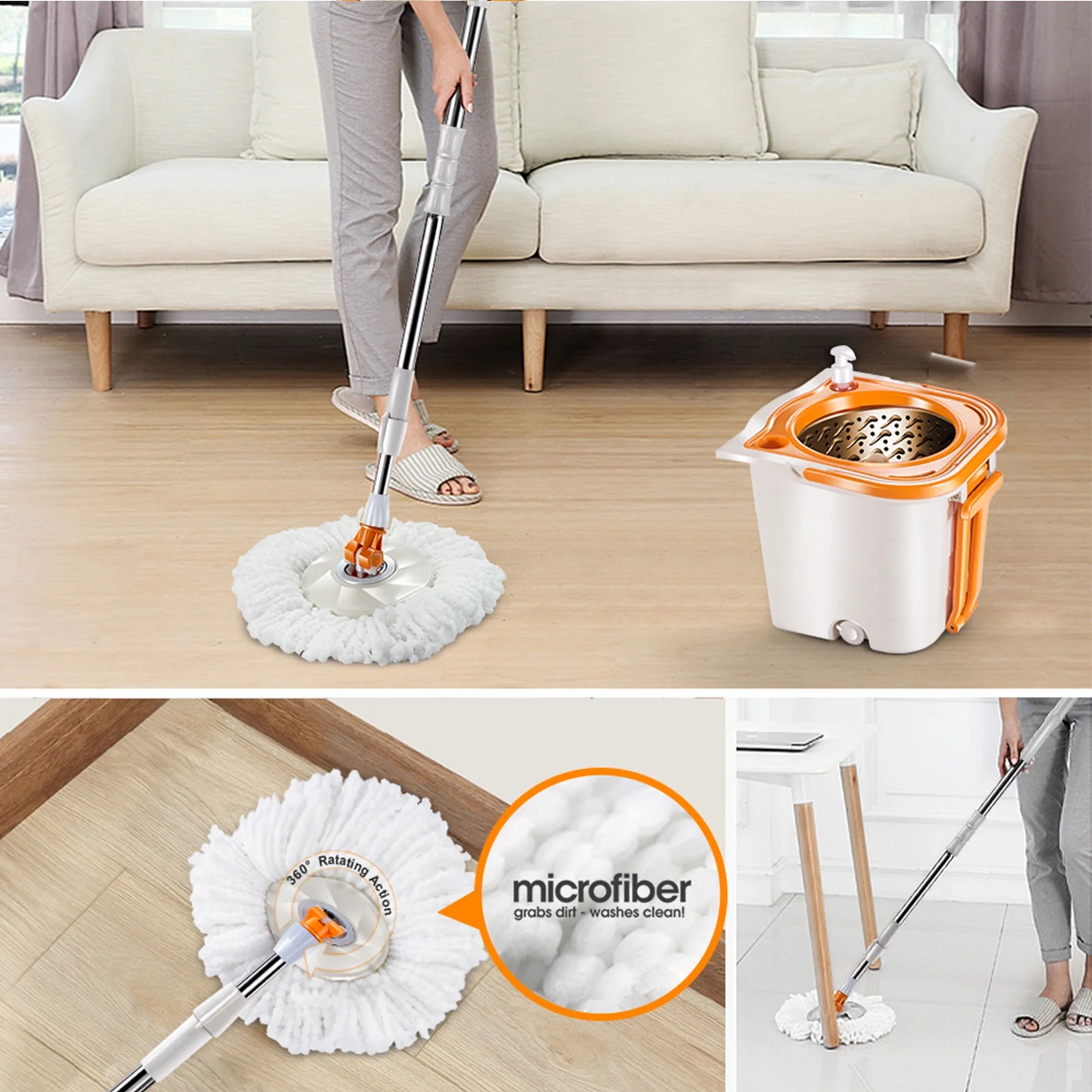 Masthome Spin Mop and Bucket System with Wringer, Separates Dirty and Clean Water, 4 Microfiber Pads