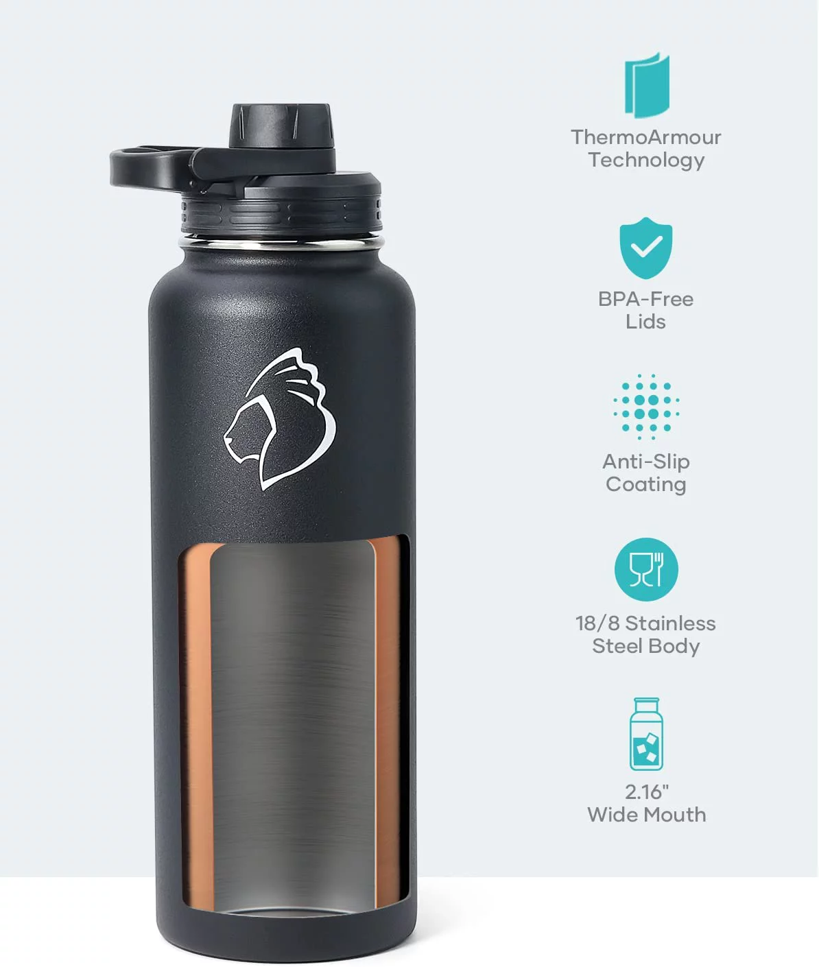 Buzio Insulated Water Bottle 40 oz with Straw & 3 Lids, Stainless Steel Water Bottle with Straw, 3 Lids Gym & Sport Water Bottles Water Flask for Men, Women & Kids