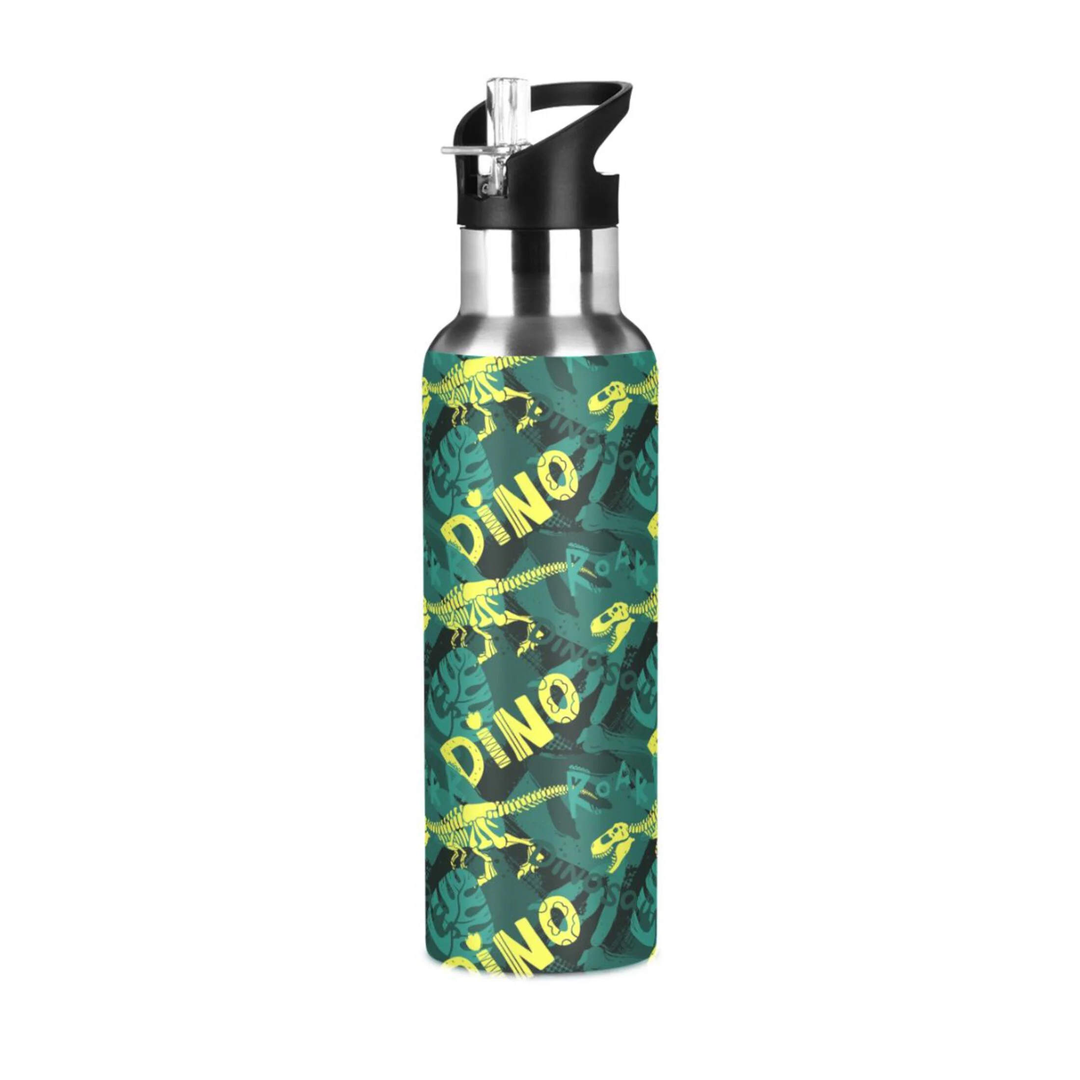 Stainless Steel Water Bottle Dinosaurs and Plants with Straw Lid Vacuum Insulated Keeps Hot and Cold Leak Proof Flask Jug for Gym Travel Sports Cycling Outdoor 20 OZ