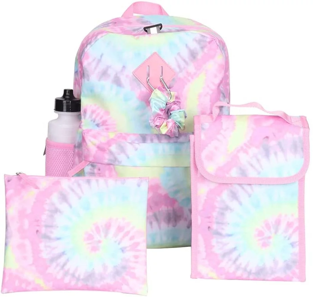 Ralme Tie Dye Girls Backpack with Lunch Box and Water Bottle 6 Piece Set 16 Inch