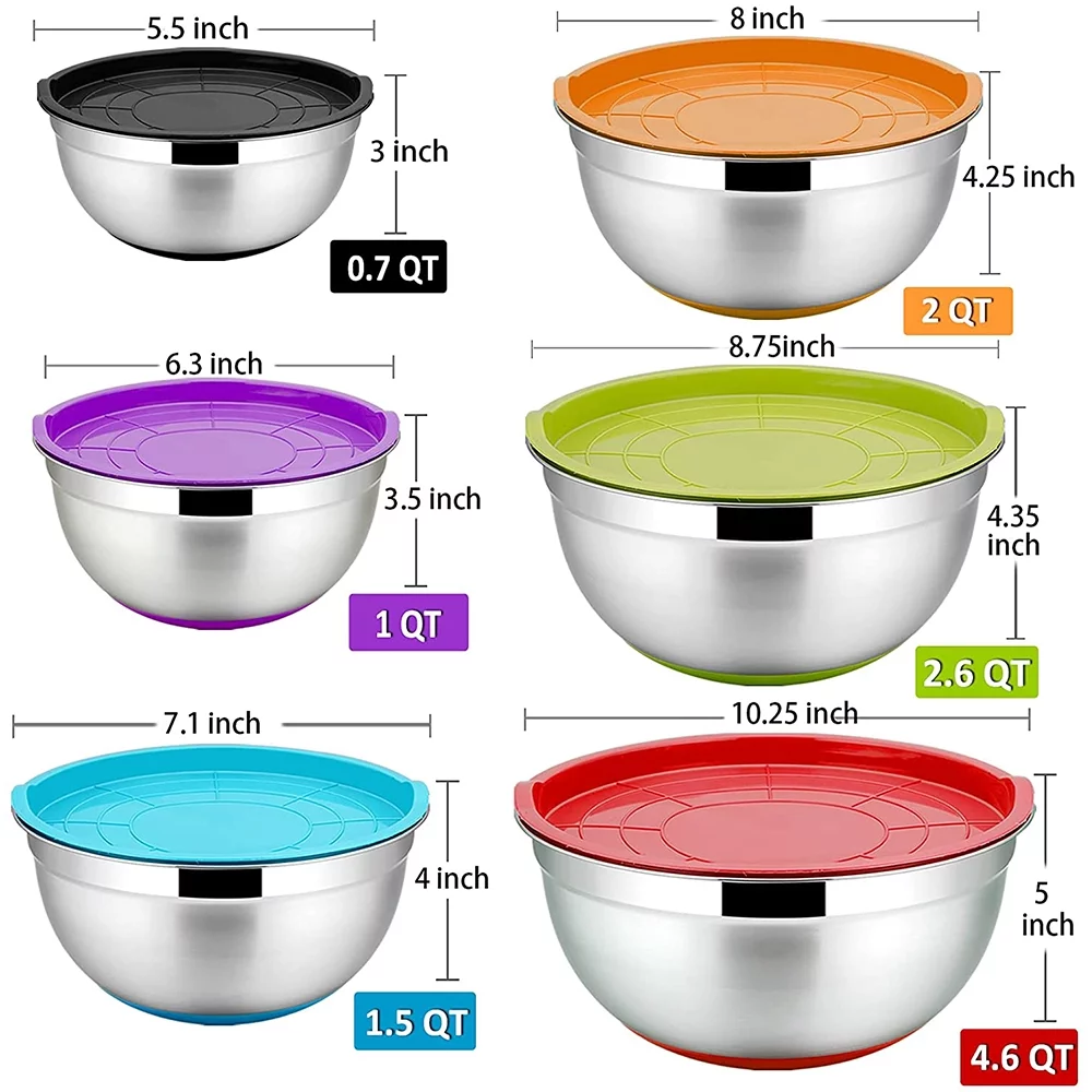 VeSteel Mixing Bowls With Lids, Set of 6, Stainless Steel Nesting Mixing Bowls & Fitting Lids & Non-Slip Silicone Bottom, Ideal for Mixing, Storing, Food Preparation,6 Sizes 0.7/1/1.5/2/2.6/4.6 Qt