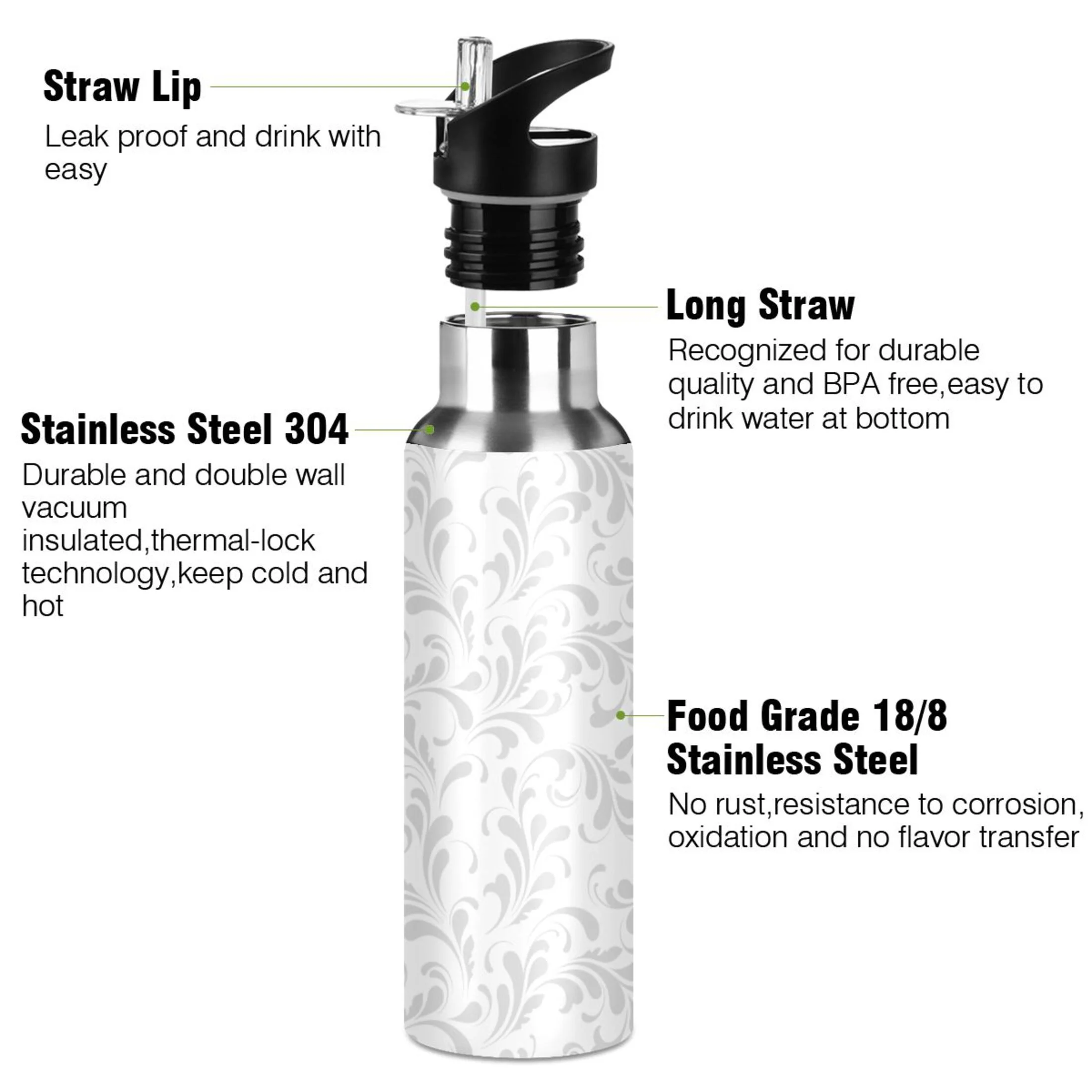 Water Bottle with Straw Lid Leak Grey Leaves Stainless Steel Insulated Thermos Vacuum Flask for Cold Hot Drinking for Sports Camping Gym Yoga