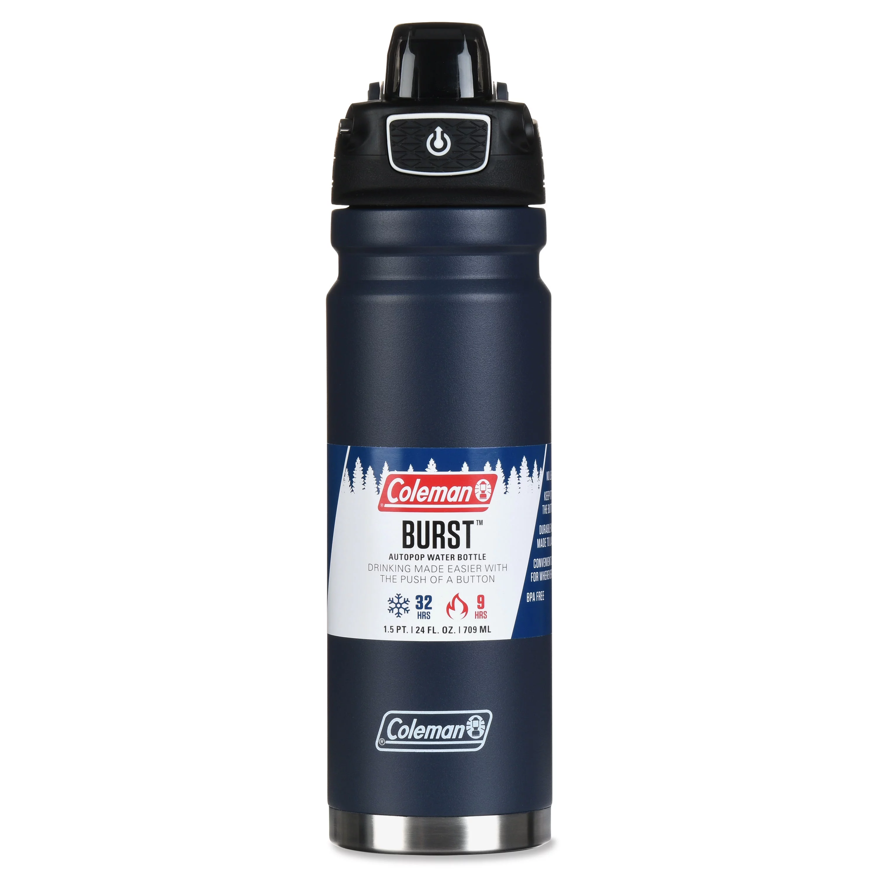 Coleman Burst Poptop Stainless Steel Insulated Water Bottle, 24 oz, Blue Nights