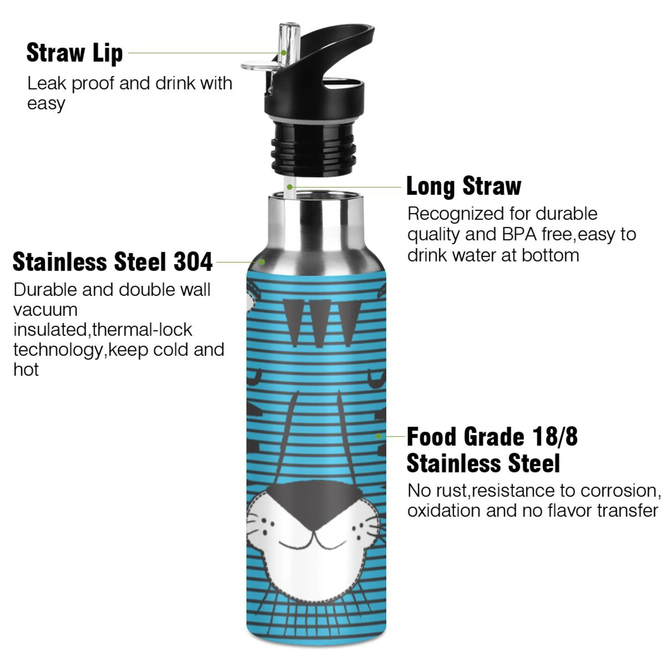 Stainless Steel Water Bottle Cute Tiger Face with Stripes with Straw Lid Vacuum Insulated Leak Proof Flask Jug for Gym Travel Sports Cycling Outdoor 20 OZ