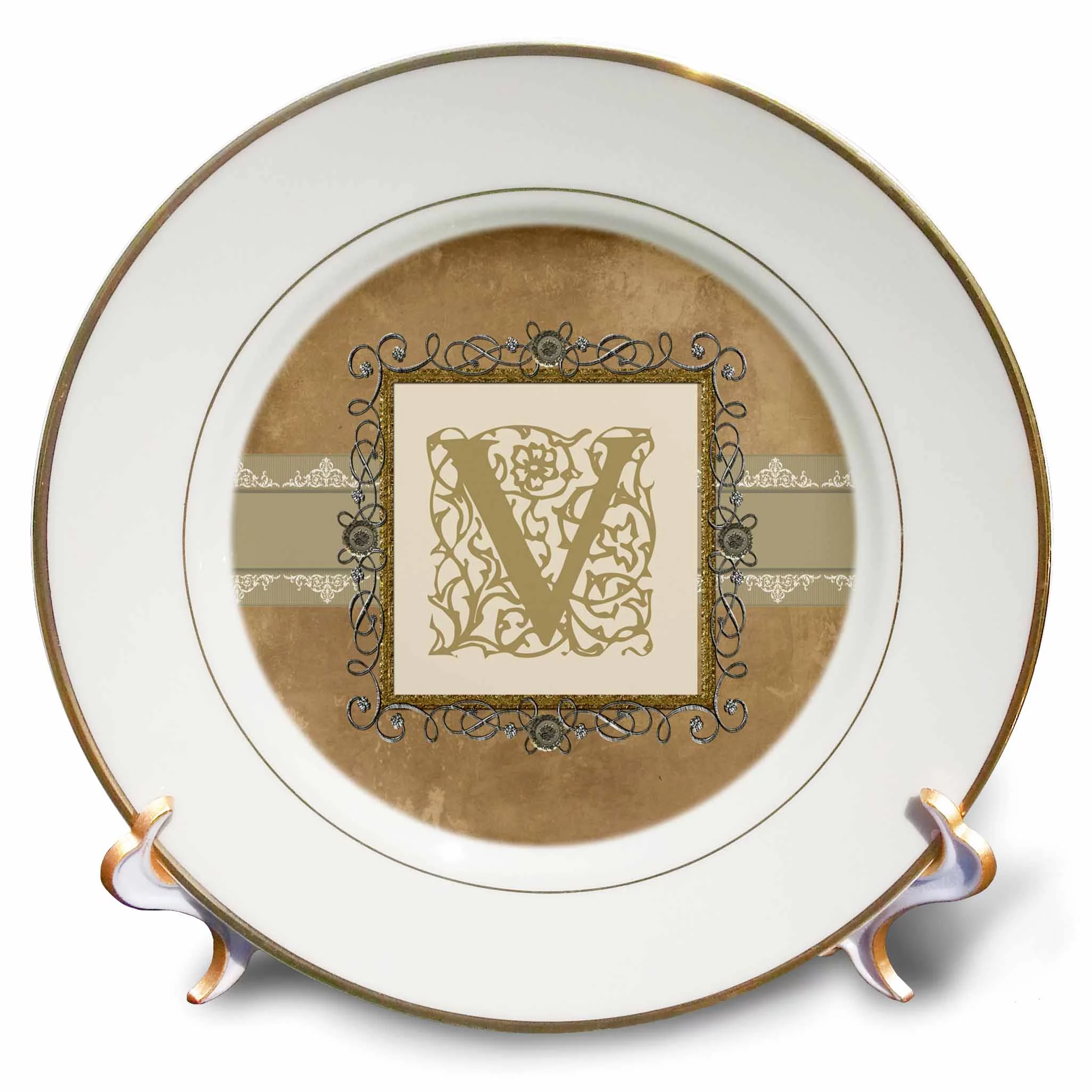 3dRose V Initial Vintage Elegant Vines and Flowers in Sepia and Pewter Look, Porcelain Plate, 8-inch