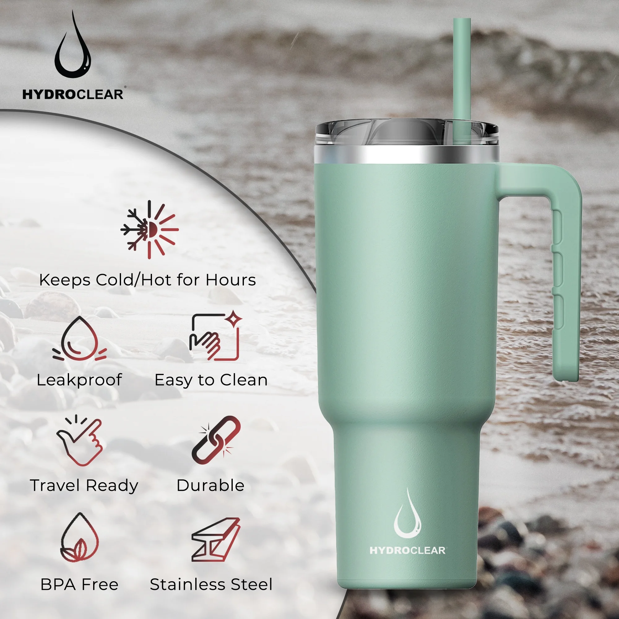 Hydroclear Stainless Steel 40 oz Tumbler with Handle (Green)