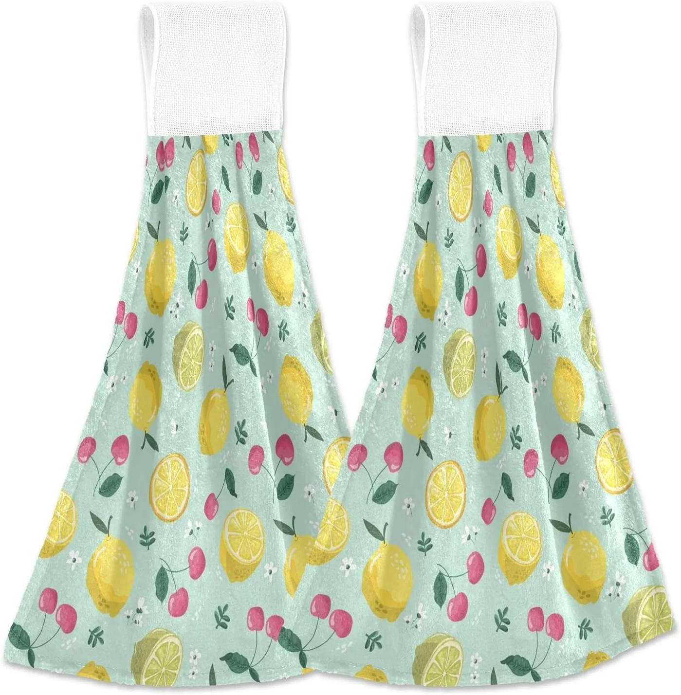 Kitchen Towels with Hanging Loop, Summer Lemons Cherry Blossom Tropical Fruit Dish Towels for Kitchen, Absorbent Kitchen Hand Towels Set of 2, 12x17 inch
