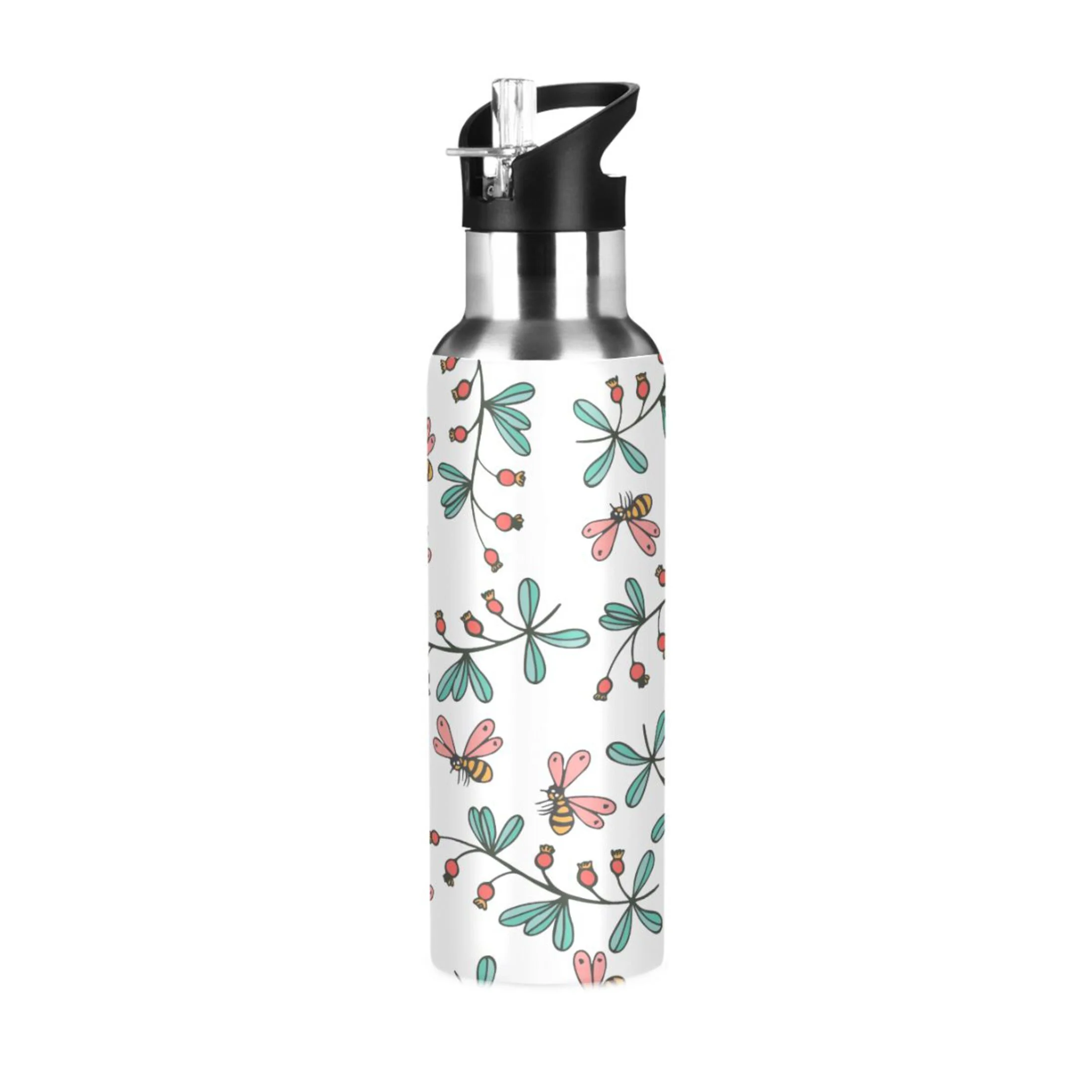 Water Bottle with Straw Lid Leak Bees and Flowers Stainless Steel Insulated Thermos Vacuum Flask for Cold Hot Drinking for Sports Camping Gym Yoga