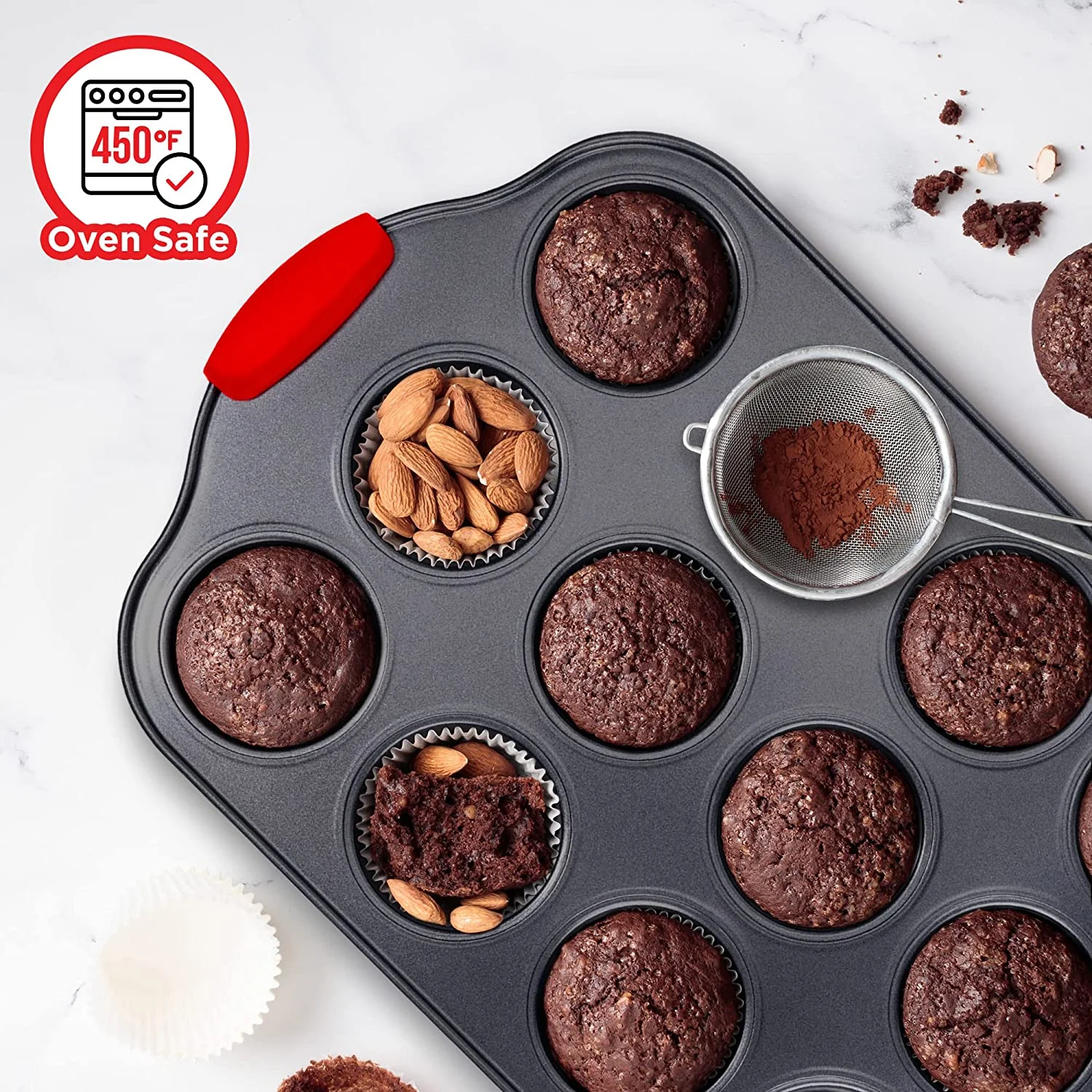 Baking Set – 10 Piece Kitchen Oven Bakeware Set – Deluxe Non-Stick Blue Coating Inside and Outside – Carbon Steel – Red Silicone Handles – PFOA PFOS and PTFE Free by Bakken