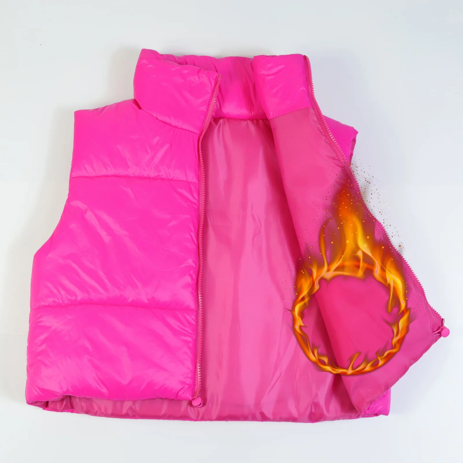 Hotian Women Winter Crop Puffer Vest Jacket Sleeveless Padded Gilet Hot Pink M