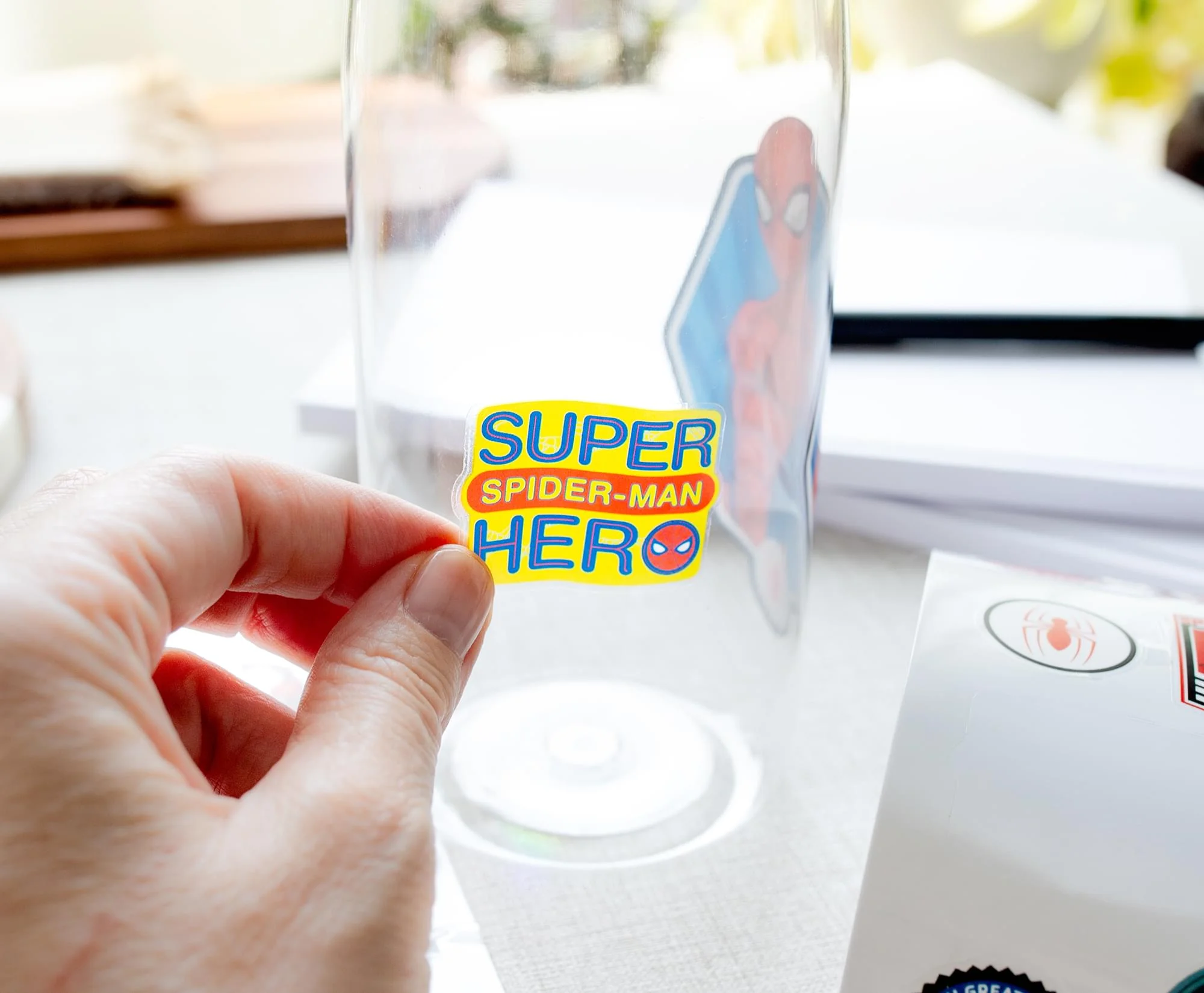 Marvel Comics Spider-Man Hinged Handle Plastic Water Bottle and Sticker Set