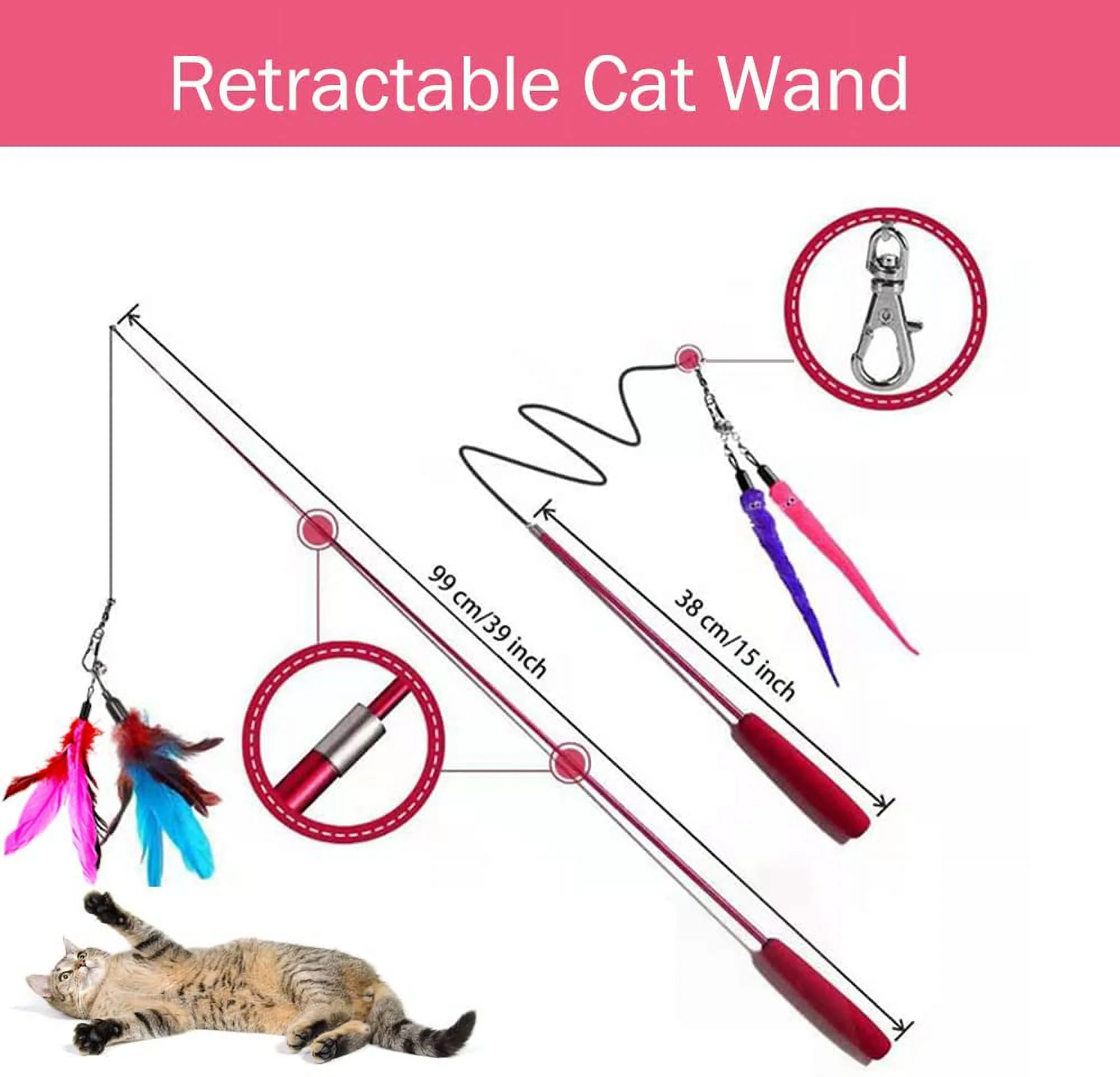 OODOSI Cat Toy Wand, Retractable Cat Feather Toys and Replacement Refills with Bells, Interactive Cat Toys for Cat Kitten Exercise ColorA