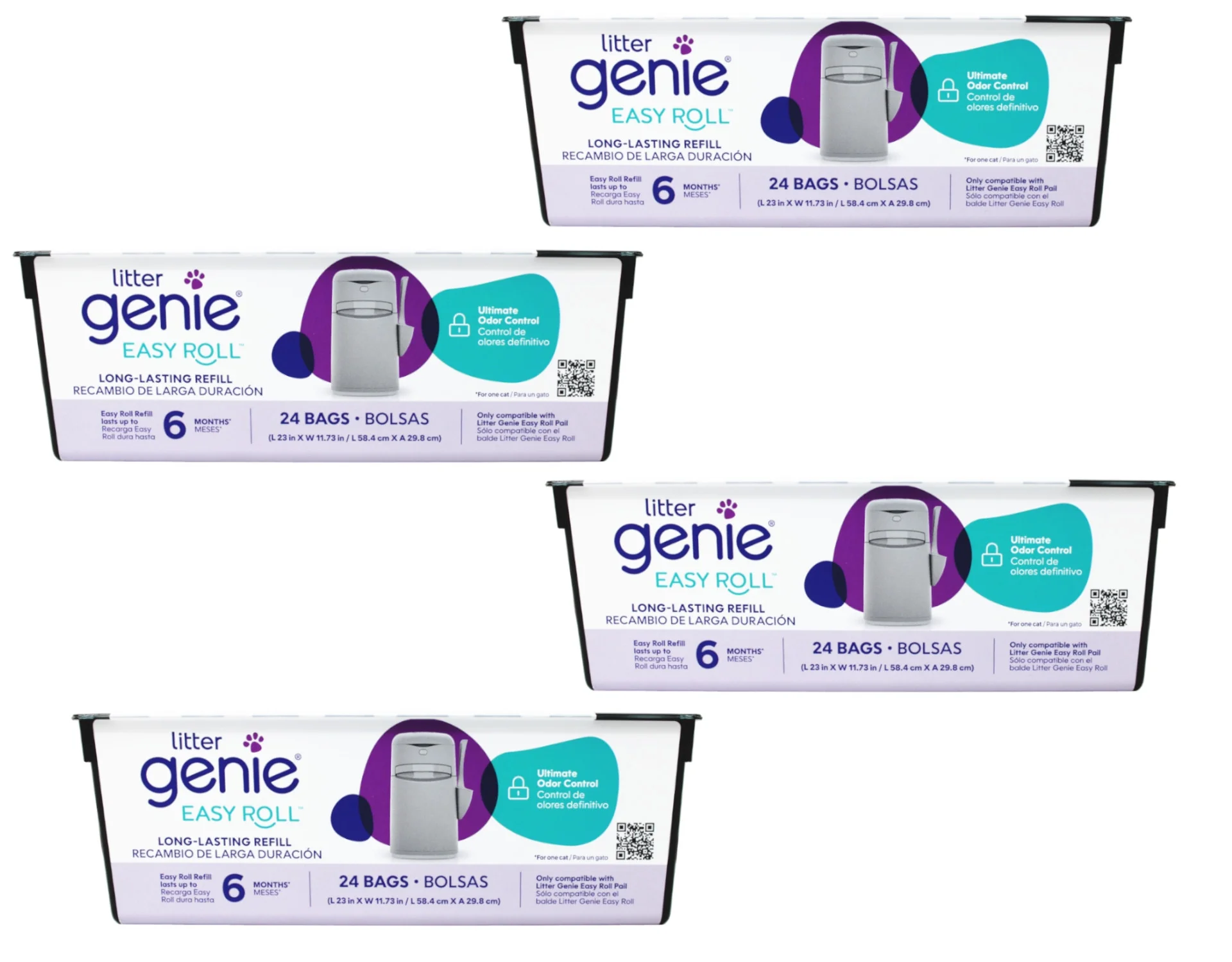 Litter Genie Easy Roll Refill, Cat Litter Disposal System, Ultimate Odor Control, 24 bags, 6 month, - 4 Pack