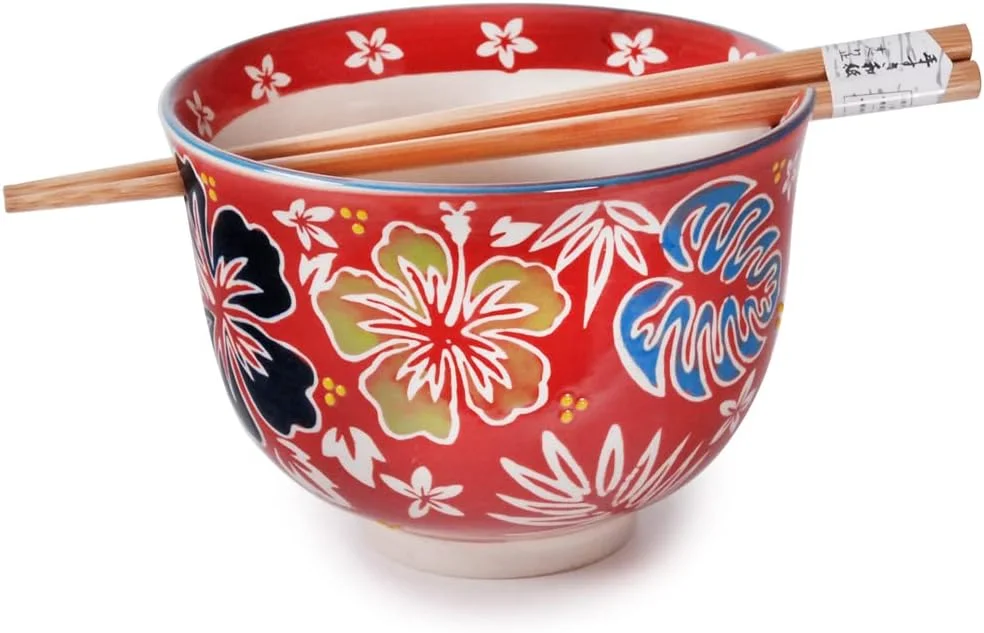 Quality Japanese Ramen Udon Noodle Bowl With Chopsticks Bowl Set 5 Inch Diameter (Hibiscus Red)