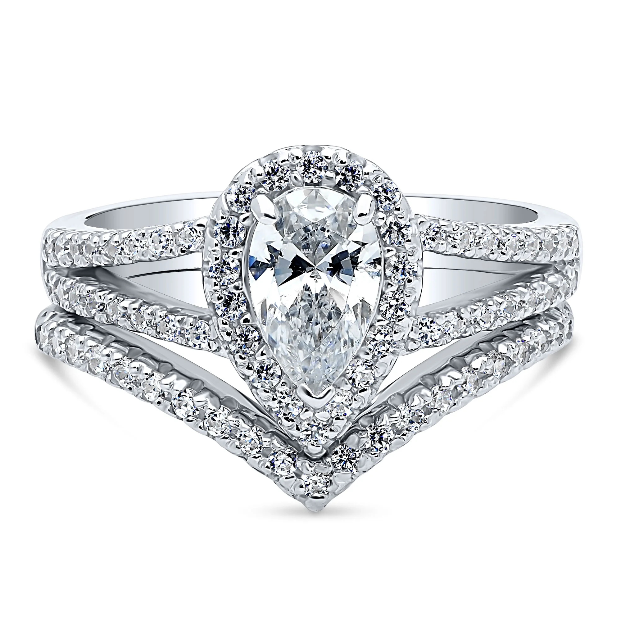 BERRICLE Sterling Silver Halo Wedding Engagement Rings Pear Cut Cubic Zirconia CZ Split Shank Ring Set for Women, Rhodium Plated Size 4