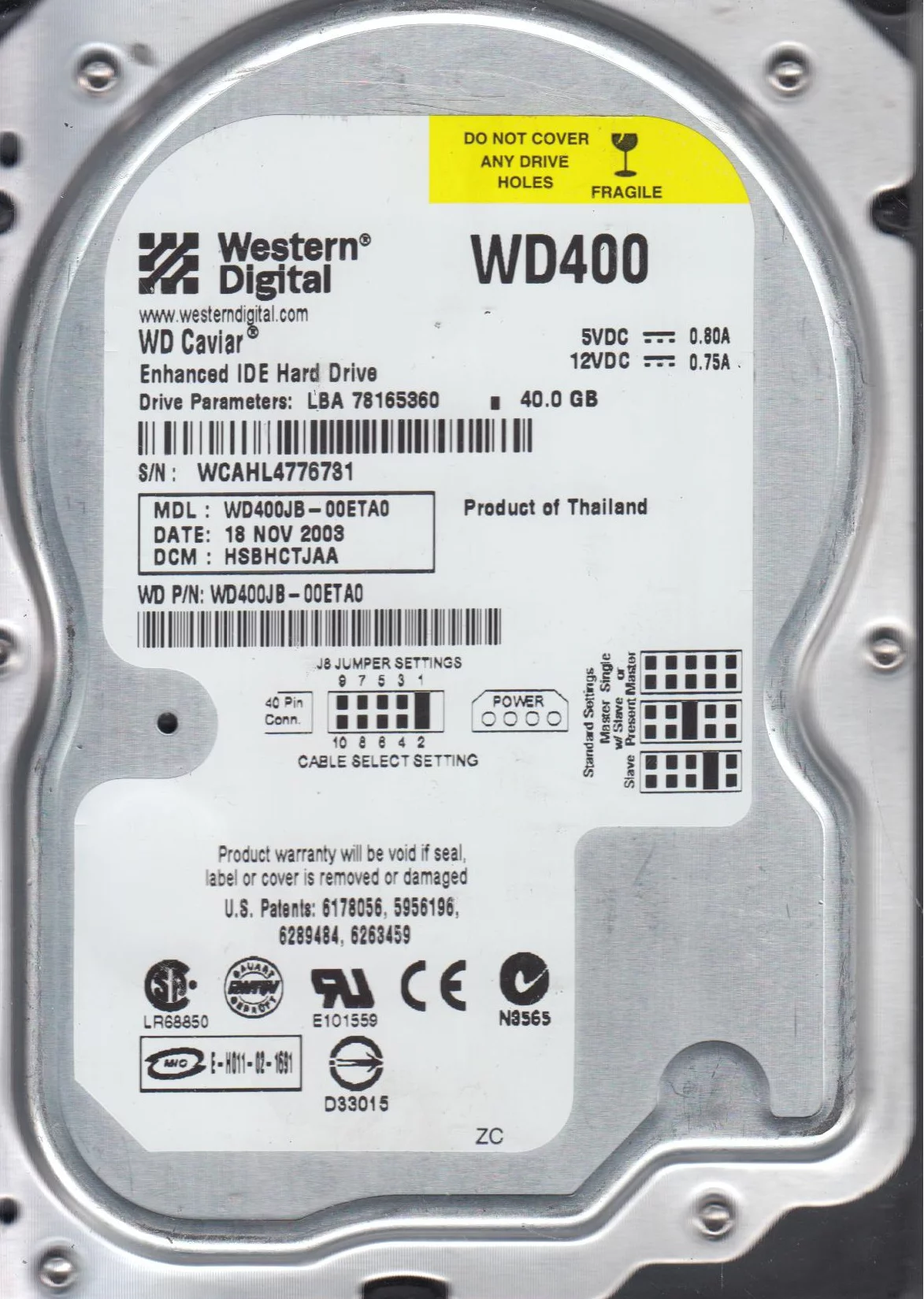 WD400JB-00ETA0, DCM HSBHCTJAA, Western Digital 40GB IDE 3.5 Hard Drive