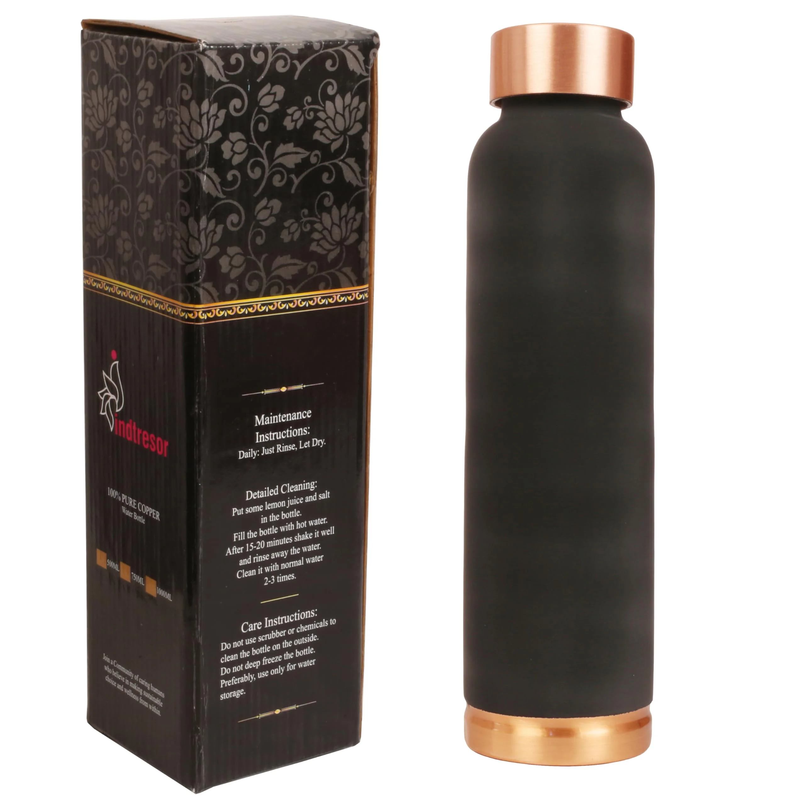 Indtresor Pure Copper Water Bottle - Handcrafted - Ayurveda Health Benefits - 33 OZ - Leak proof - Easy to carry for Sports, Fitness, Yoga, School - Jet Black Matte Finish Vintage Enamel.