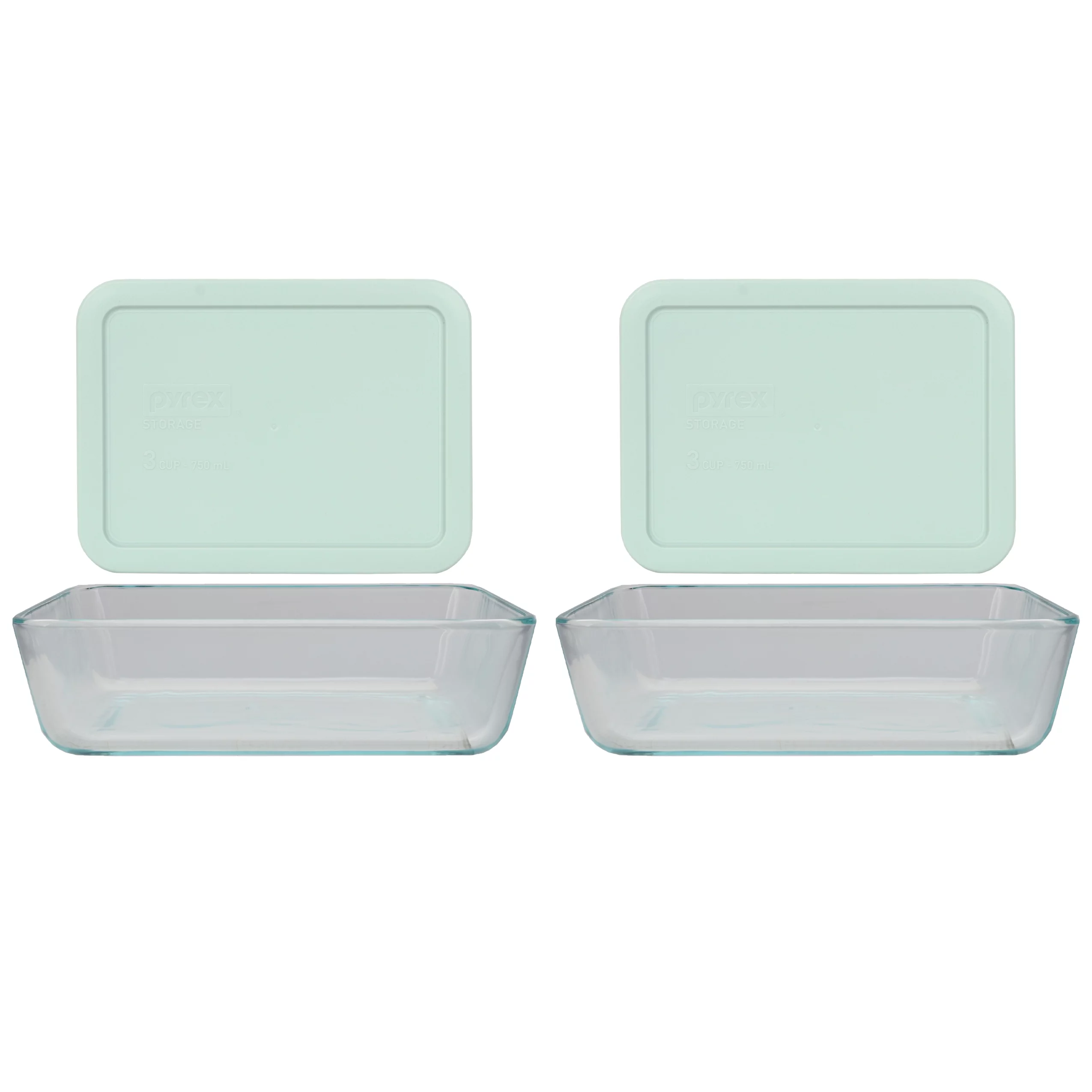 Pyrex (2) 7210 3-cup Glass Dishes & (2) 7210-PC Muddy Aqua Lids