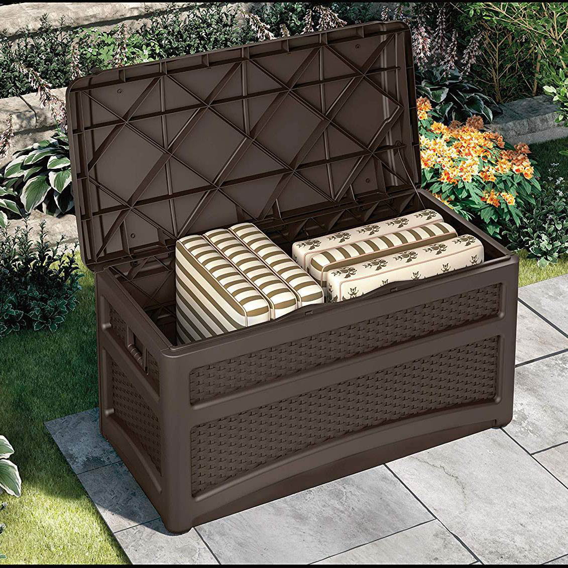 Suncast Outdoor 73 Gallon Garden Patio Storage Chest with Handles and Seat, Java (2 Pack)
