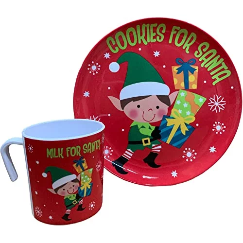 Cookies for Santa Plate and Mug Set | Santa Elf Reindeer Melamine Wares (Elf Packages Red)