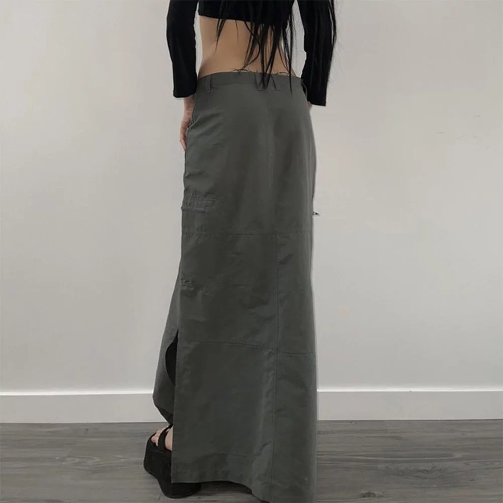 YIWEI Women Cargo Maxi Skirt Hiking Split Slit A-Line Loose Casual Vintage Style Punk