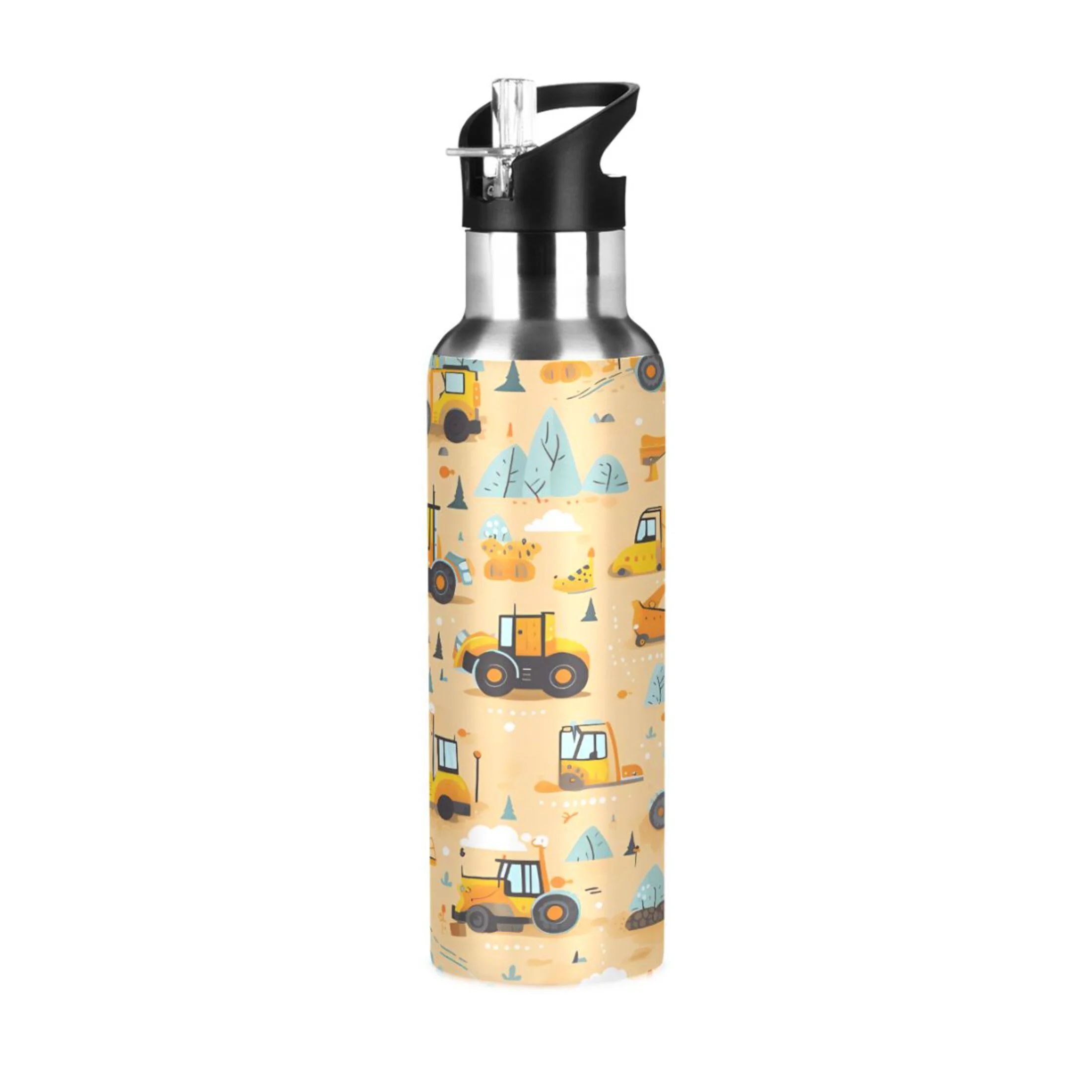 Water Bottle with Straw Lid Leak Cartoon Truck Yellow Stainless Steel Insulated Thermos Vacuum Flask for Cold Hot Drinking for Sports Camping Gym Yoga