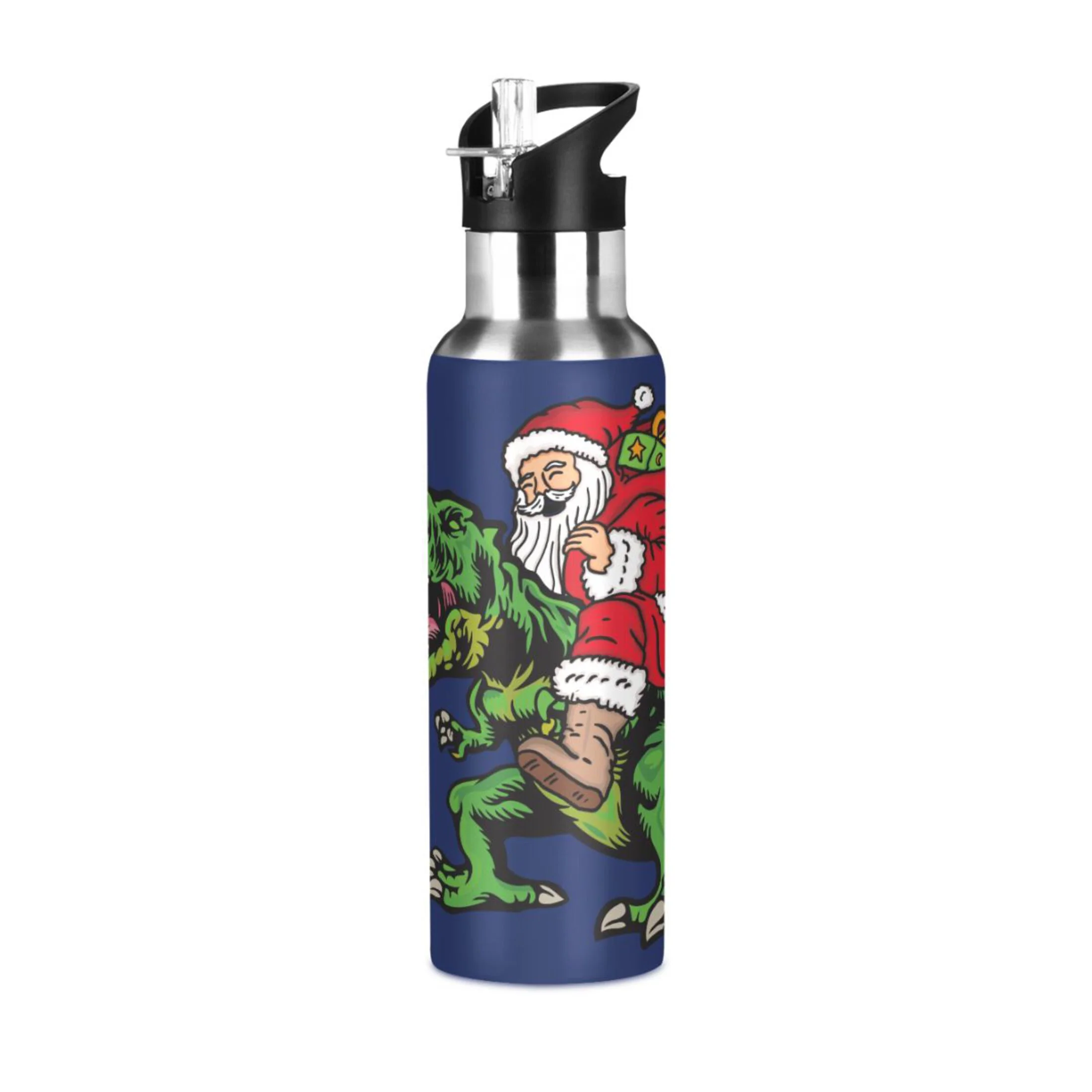 Water Bottle with Straw Lid Leak Santa Claus Riding Dinosaur Stainless Steel Insulated Thermos Vacuum Flask for Cold Hot Drinking for Sports Camping Gym Yoga