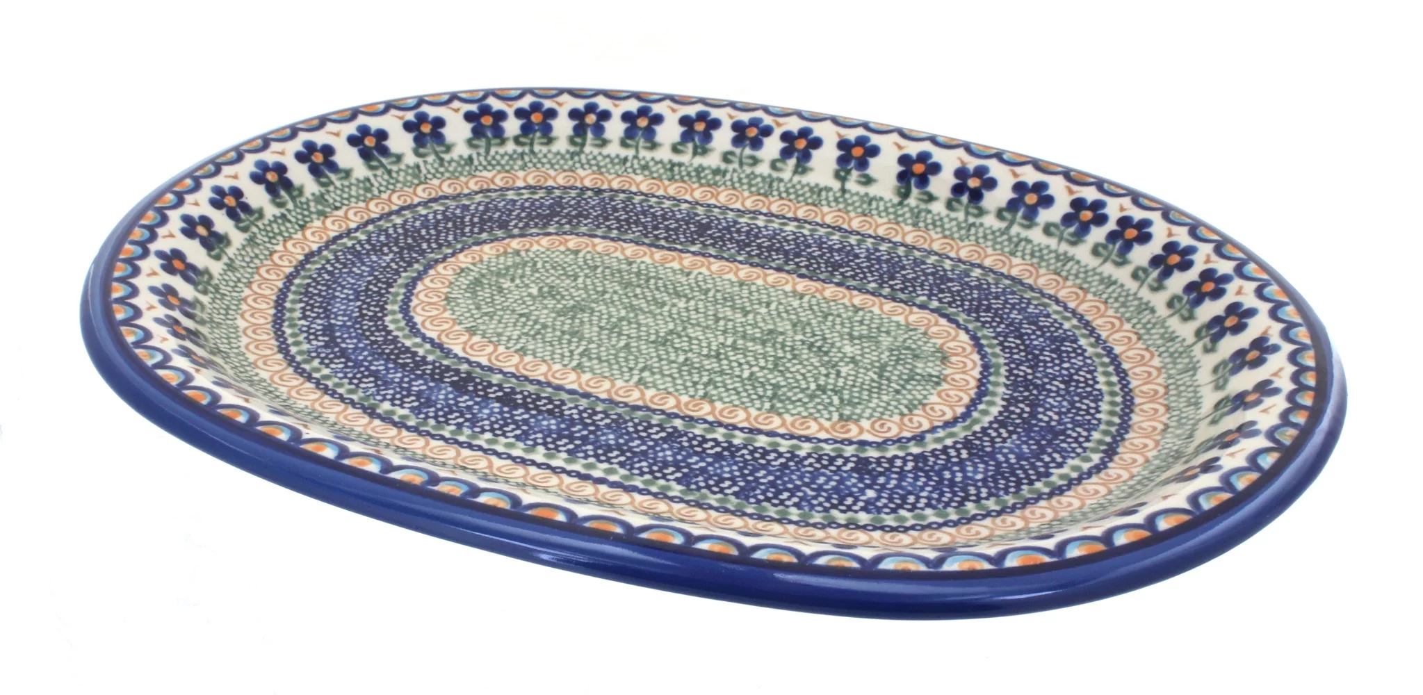 Blue Rose Polish Pottery Aztec Flower Large Oval Platter