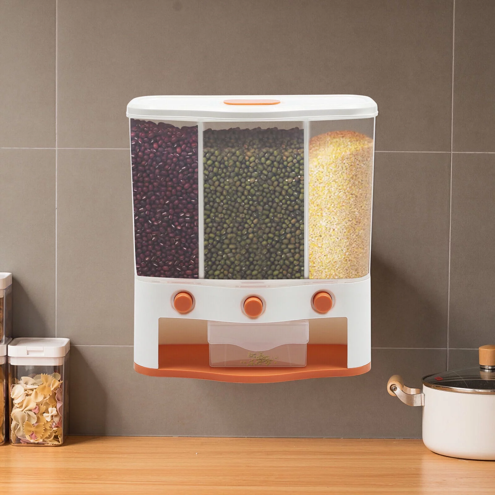 3-Grids Large Dry Food Storage Container Kitchen Rice Bean Grain Dispenser Case