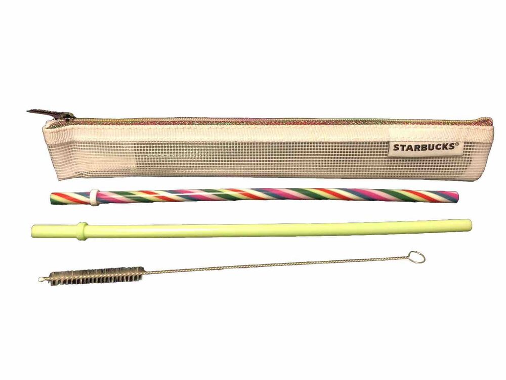 Starbucks Venti 24oz Reusable Straw & Brush Set - Candy Cane & Lime Green Straws With Pouch