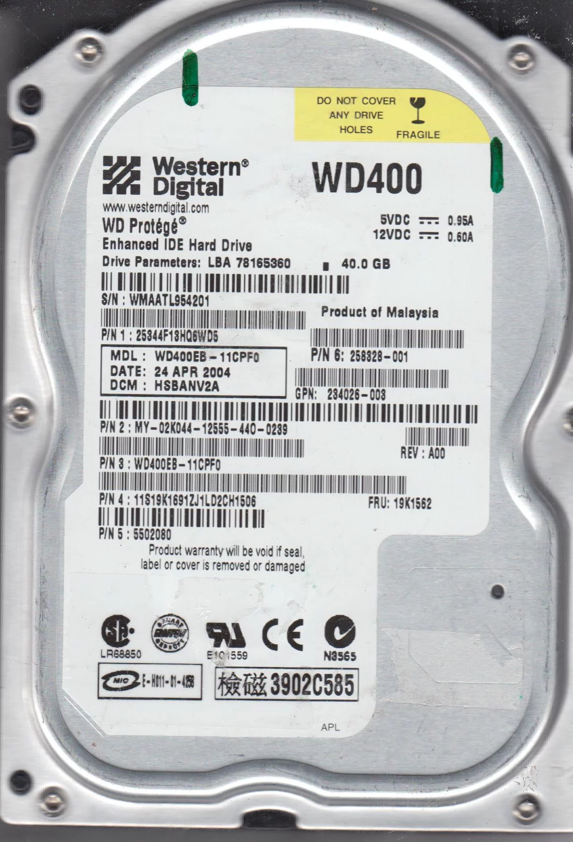 WD400EB-11CPF0, DCM HSBANV2A, Western Digital 40GB IDE 3.5 Hard Drive
