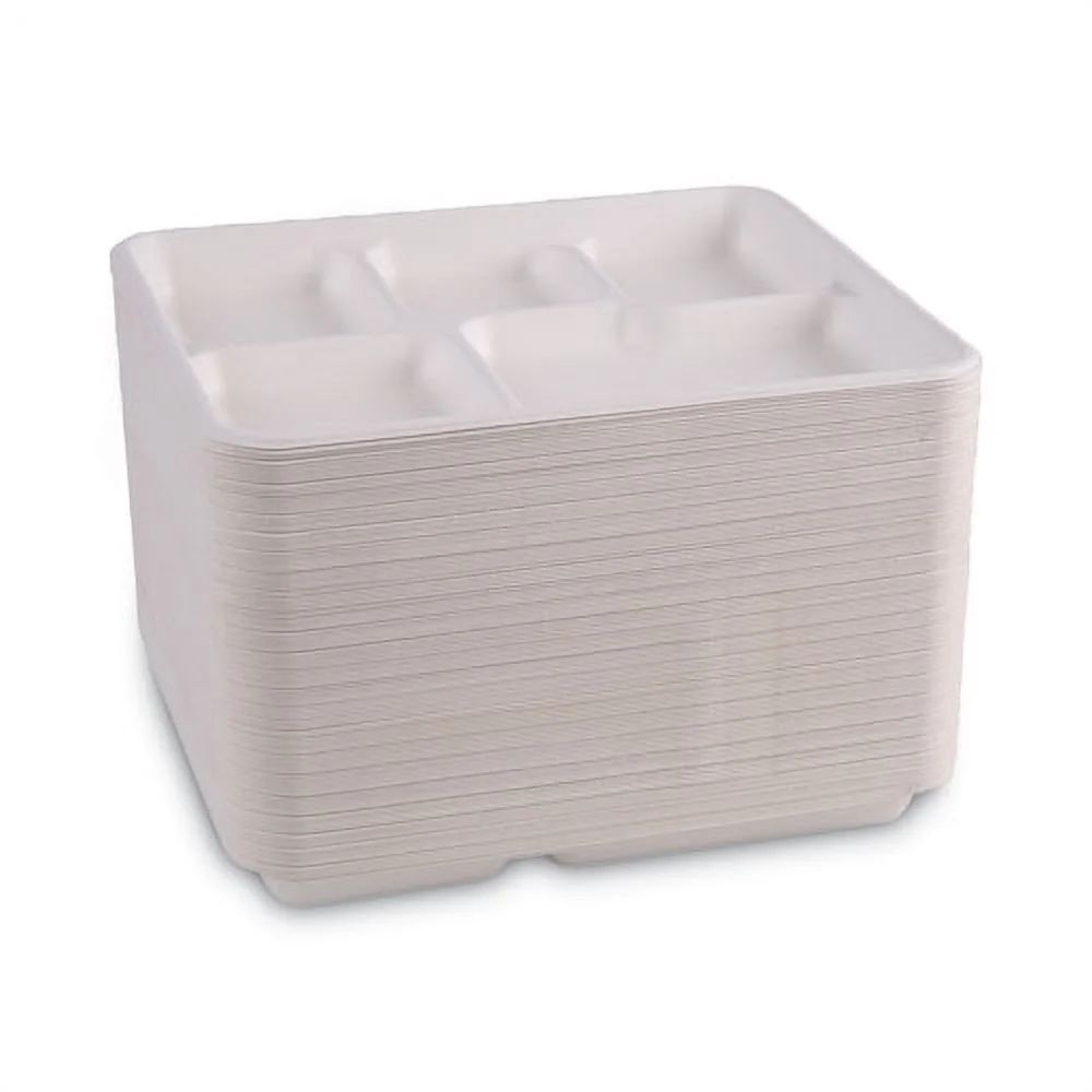 Bagasse Dinnerware, 5-Compartment Tray, 10 x 8, White, 500/Carton | Bundle of 2 Cartons
