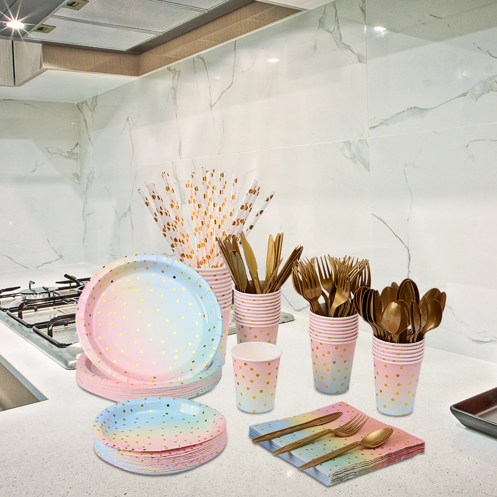 Carevas Tableware suit,25 Disposable Paper Tableware Suit Plates Knives Spoons Knives Spoons Cups Paper Birthday Plates Birthday Plates Knives Tableware Set 25 ADBEN YUBZ dsfen