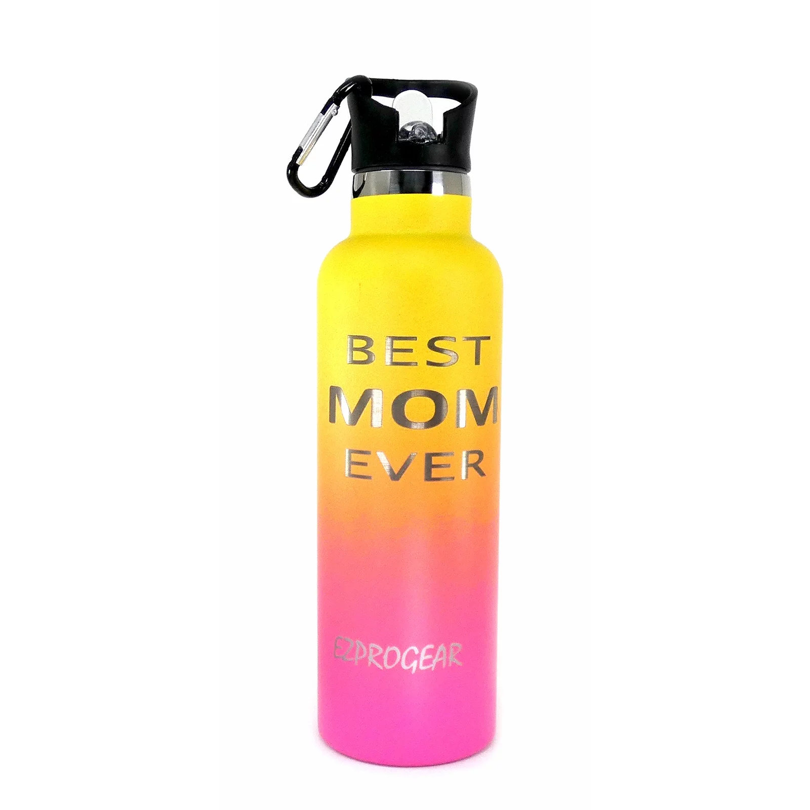 Best Mom Ever Gift - Ezprogear 25 oz Stainless Steel Water Bottle Double Wall Vacuum Insulated with Straw (Yellow/Rose Pink)