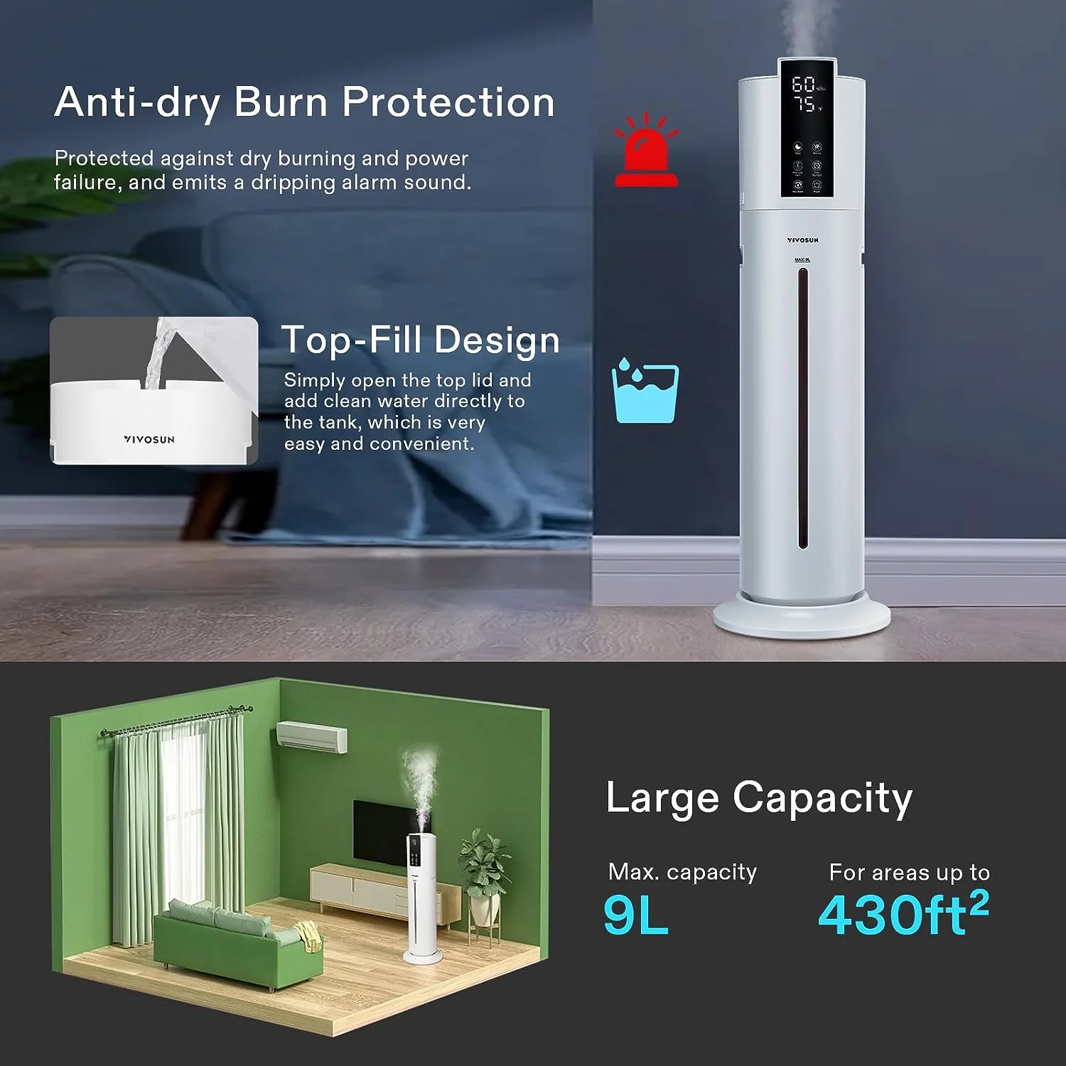 VIVOSUN 9L Air Humidifier, 2-in-1 Top Fill Cool & Warm Mist Humidifier, with Essential Oil Box & Remote Control