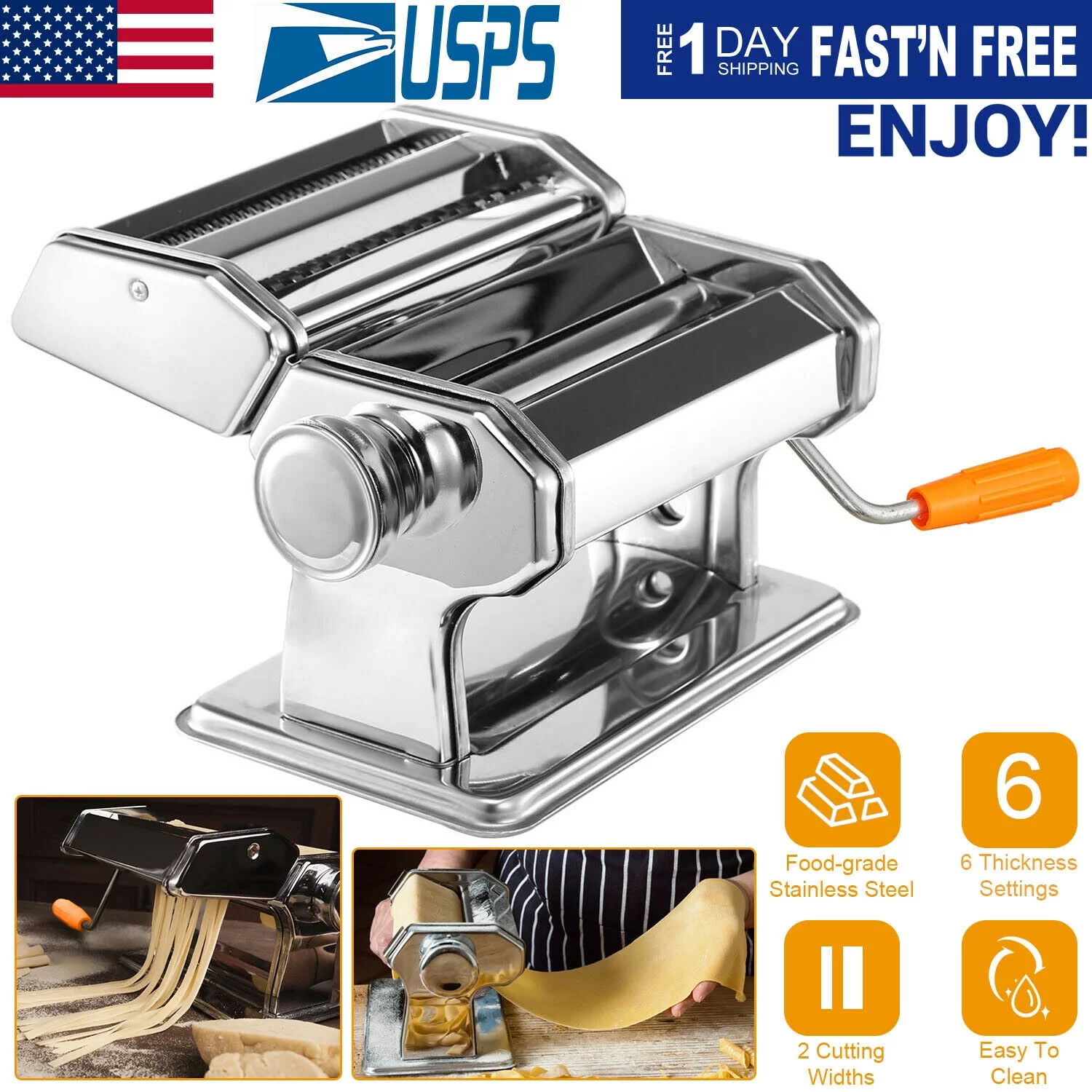Mother's Day - Pasta Maker, Stainless Steel Pasta Machine with 6 Thickness Settings, Professional Dough Roller and Spaghetti Cutter for Fettuccine, Tagliatelle, Linguine, Lasagna or Dumpling Skins