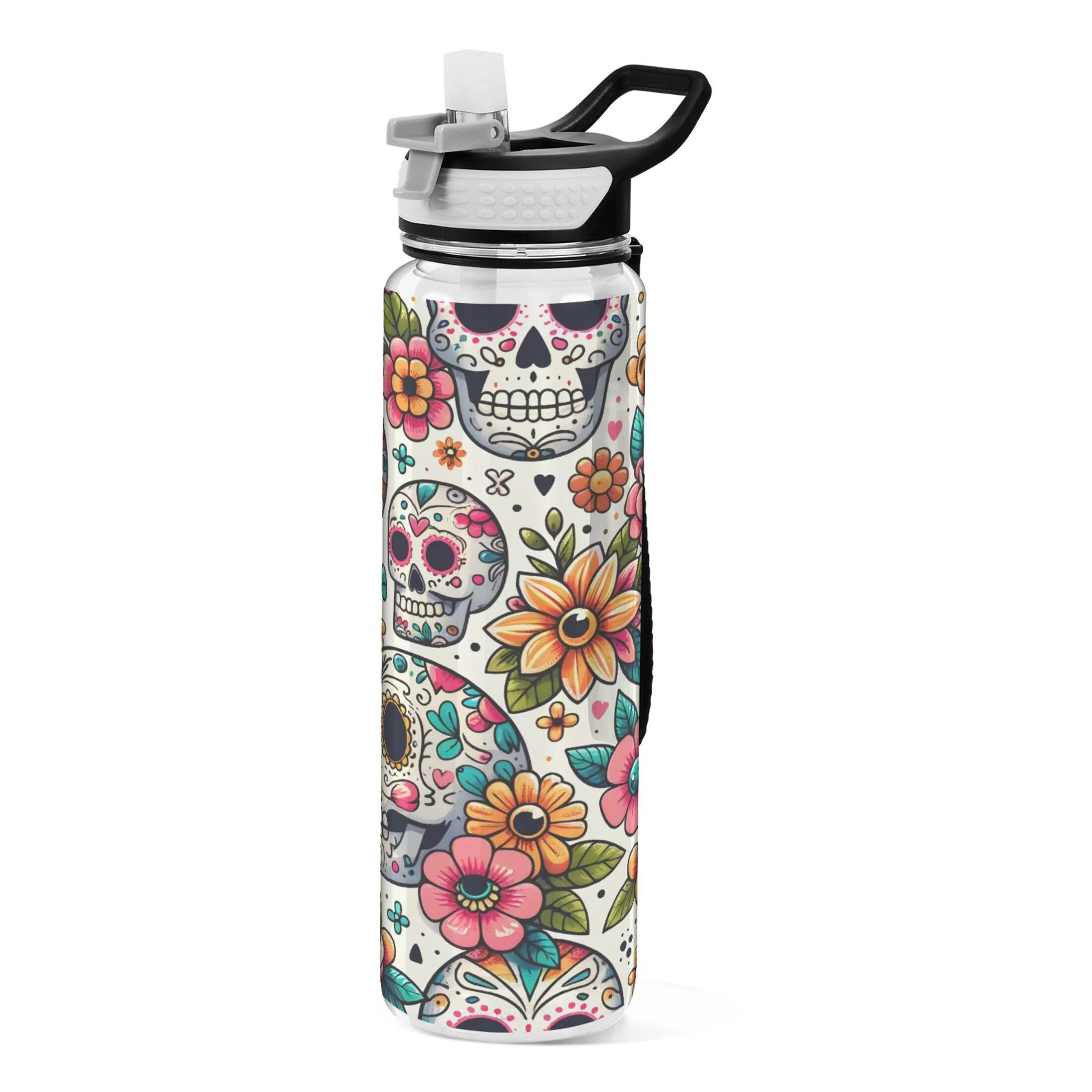 Skull Skeletons and Flowers 32oz Sports Water Bottles Leakproof Tritan Bottle with Straw BPA Free Clear Bottle for Fitness Gym Outdoor Cycling