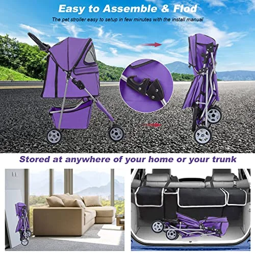 BLKMTY Dog Stroller Folding Dog Stroller for Medium Dogs Pet Stroller Cat Stroller 3 Wheels Travel Carrier Strolling Cart for Puppy Dog Jogger Stroller W/Cup Holder & Storage Basket, Purple