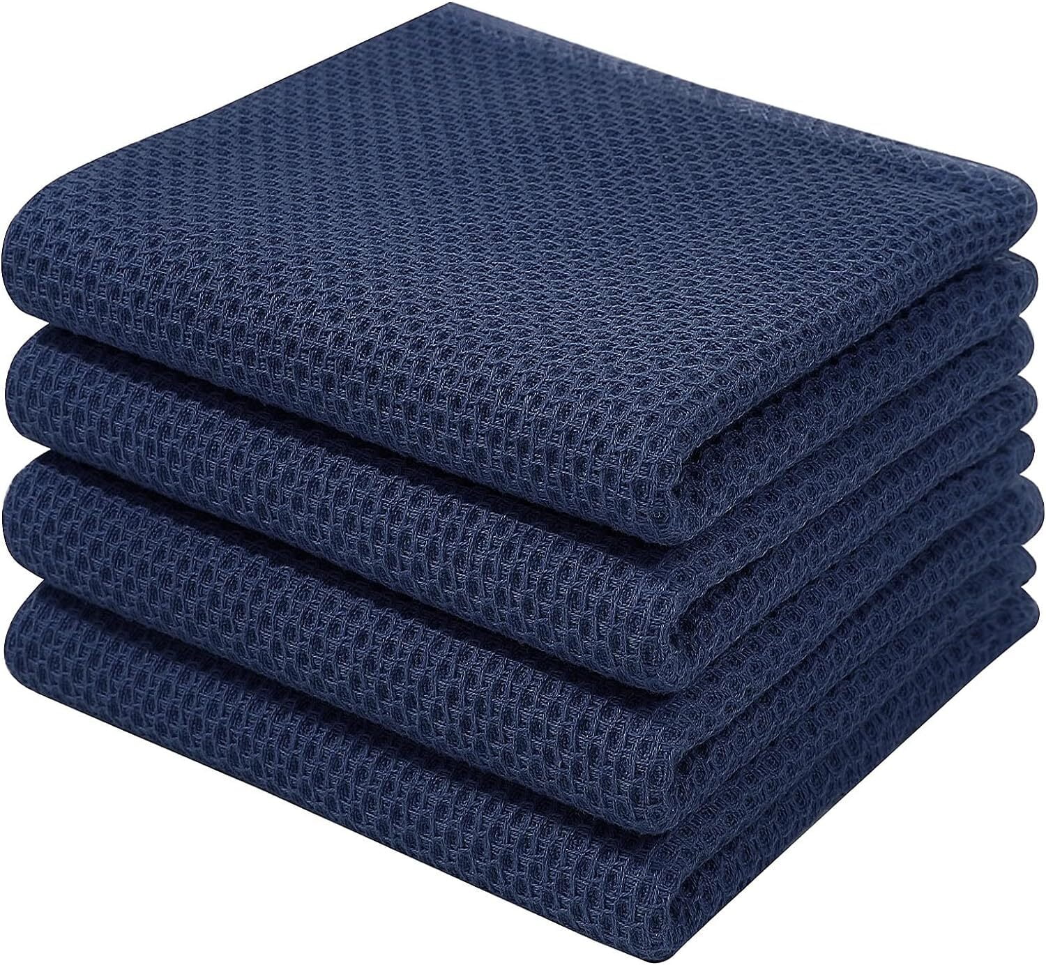 RUseeN 100% Cotton Waffle Weave Kitchen Dish Towels, Ultra Soft Absorbent Quick Drying Cleaning Towel, 13x28 Inches, 4-Pack, Navy Blue