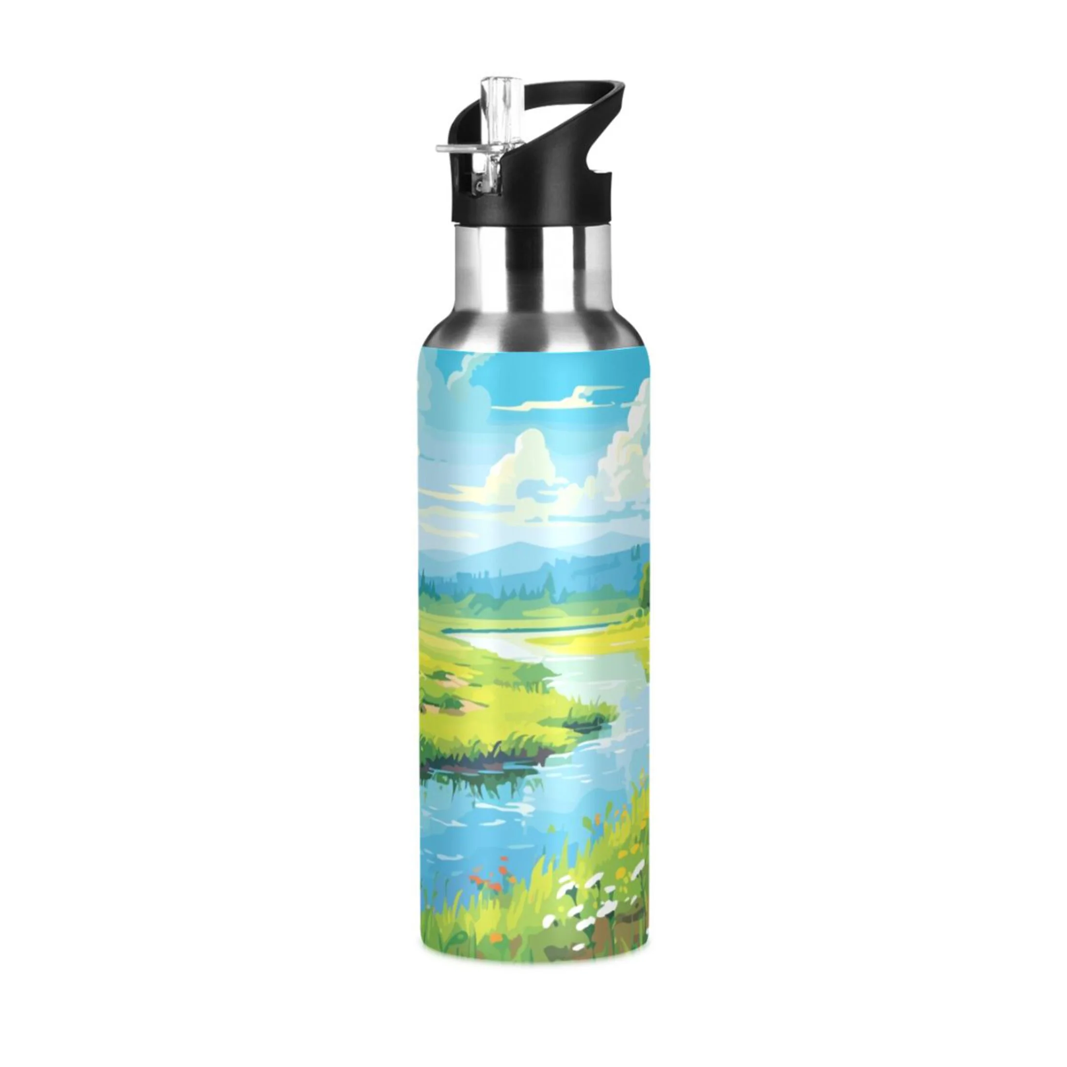Summer Landscape Green Water Bottles Insulated Thermos Kids Stainless Steel Bottle with Straw Lid Flask Leakproof for Sports Gym 20 oz