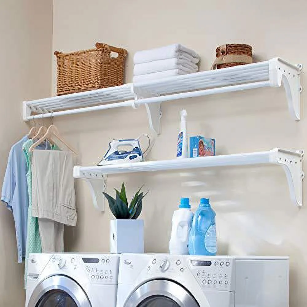 ez shelf - diy expandable organizer shelves for laundry & utility room - over washer & dryer wall storage - wire shelving alternative - 2 shelf pack, expands from 64 to 120