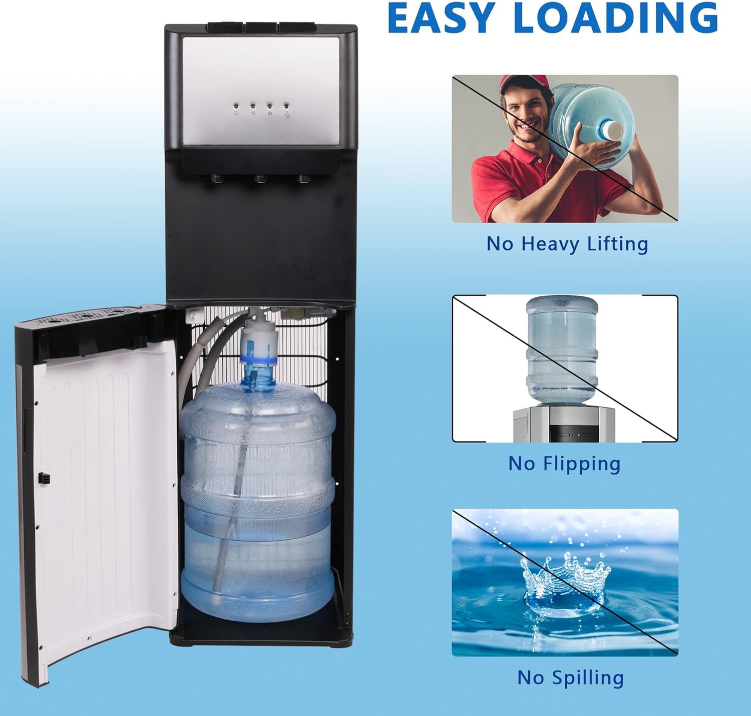 U-SHARE Bottom Loading Water Cooler Dispenser, 5 Gallon Bottles - Hot, Cold & Room Water Dispenser with 3-Temperature, Child Safety Lock, Removable Drip Tray, Black & Stainless