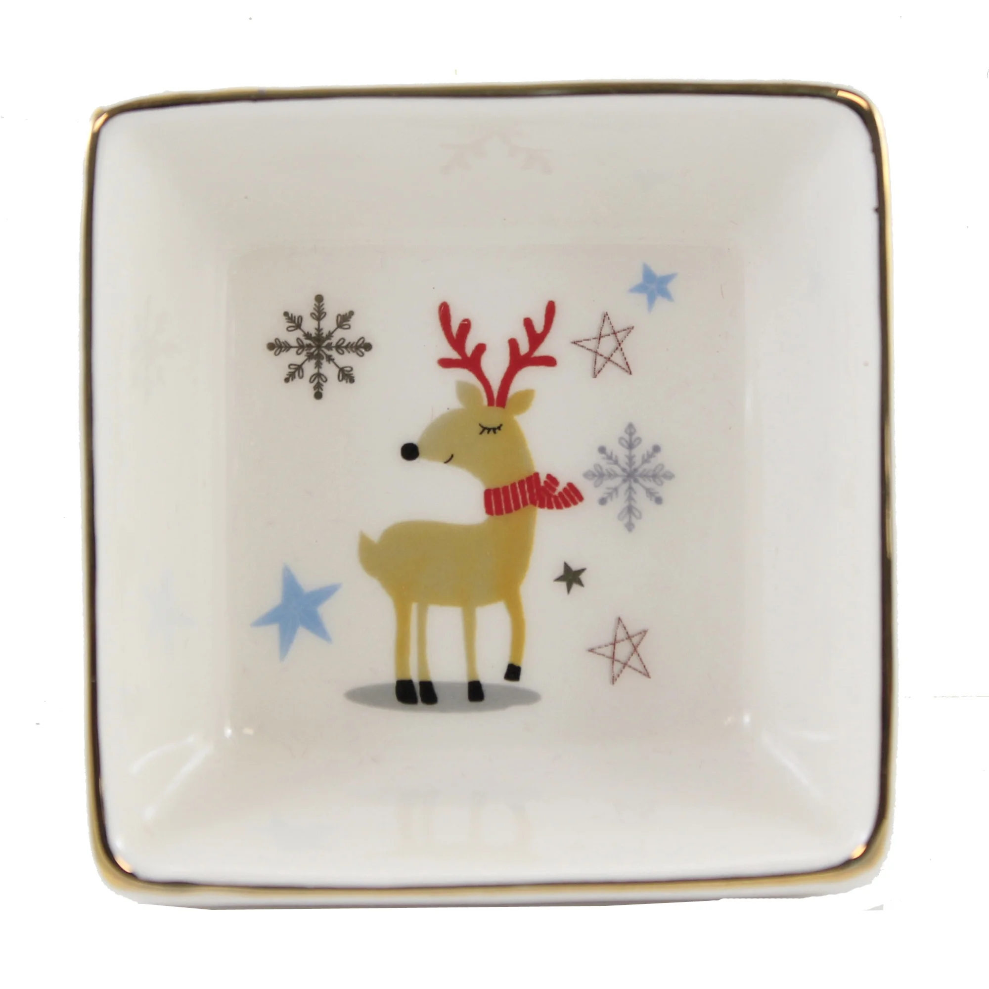 Tabletop Square Dish Ceramic Christmas Container Gold Rim Wi0022