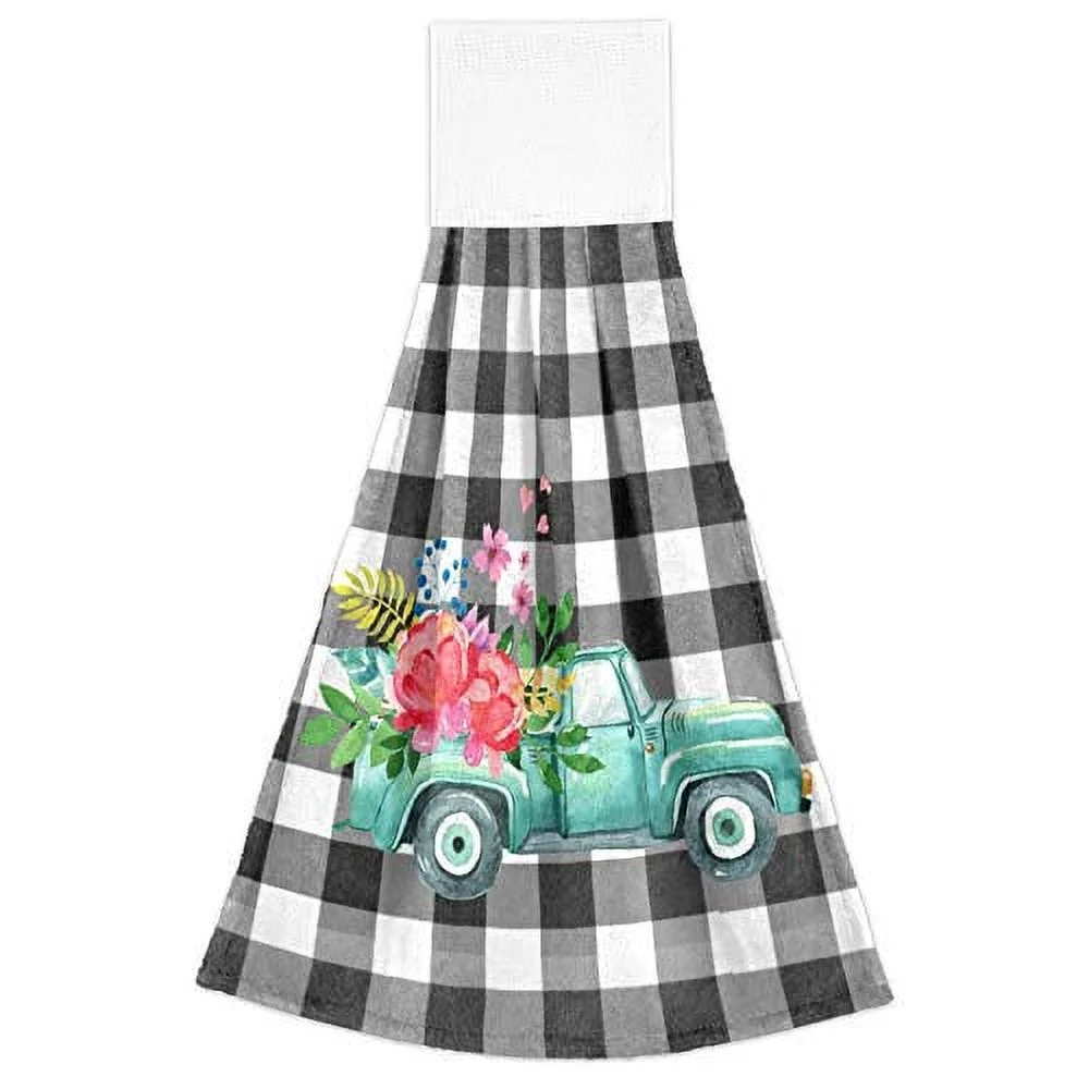 Turquoise Truck Rose Hanging Kitchen Towels 2 Pieces Spring Floral Black White Buffalo Check Plaid Dish Cloth Tie Towels Hand Towel Tea Bar Towels for Bathroom Farmhouse Housewarming Tabletop Home