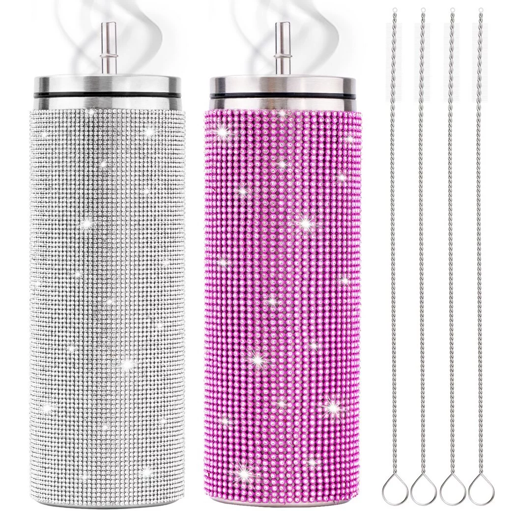 2 PCS Rhinestone Insulated Bottles, 600 ML Glitter Diamond Bottles with Lids And Straws, Rhinestone Tumblers, Stainless Steel Glitter Thermal Water Bottles