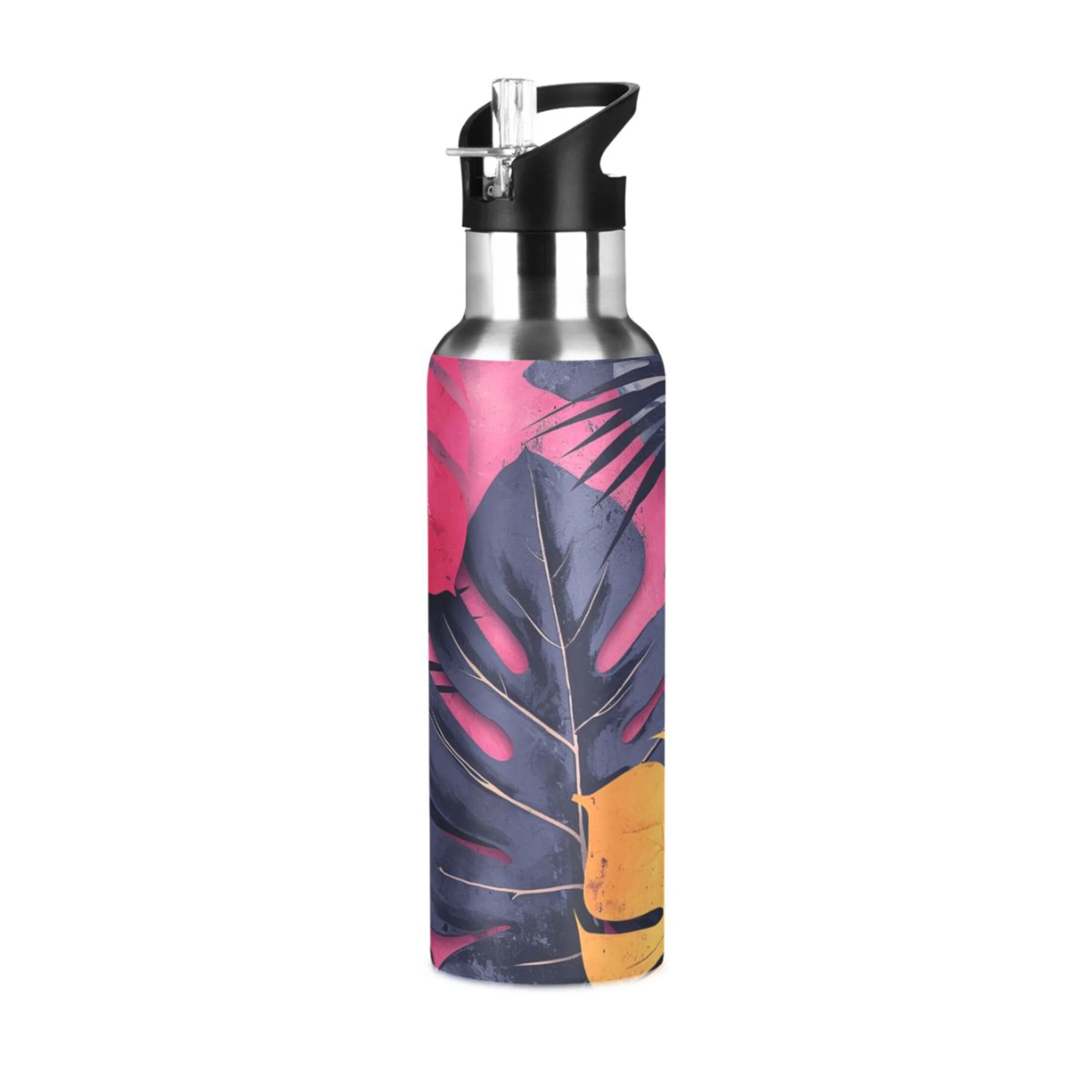 Palm Leaf Water Bottles Insulated Thermos Kids Stainless Steel Bottle with Straw Lid Flask Leakproof for Sports Gym 20 oz