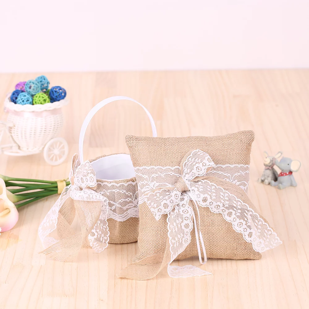 7 * 7 Inches Vintage Burlap Lace Bowknot Ring Bearer Pillow and Rustic Wedding Flower Girl Basket Set