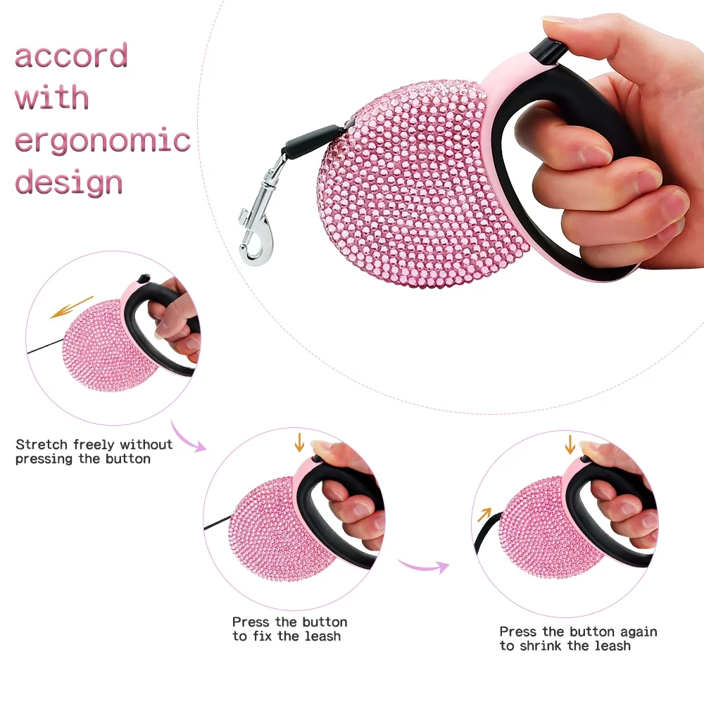 Triumilynn Rhinestone Retractable Dog Leash Bling 10ft, Cat Walking Leash Pink for Small Breed, Gift Waste Bags Dispenser Included, 360° Tangle-Free